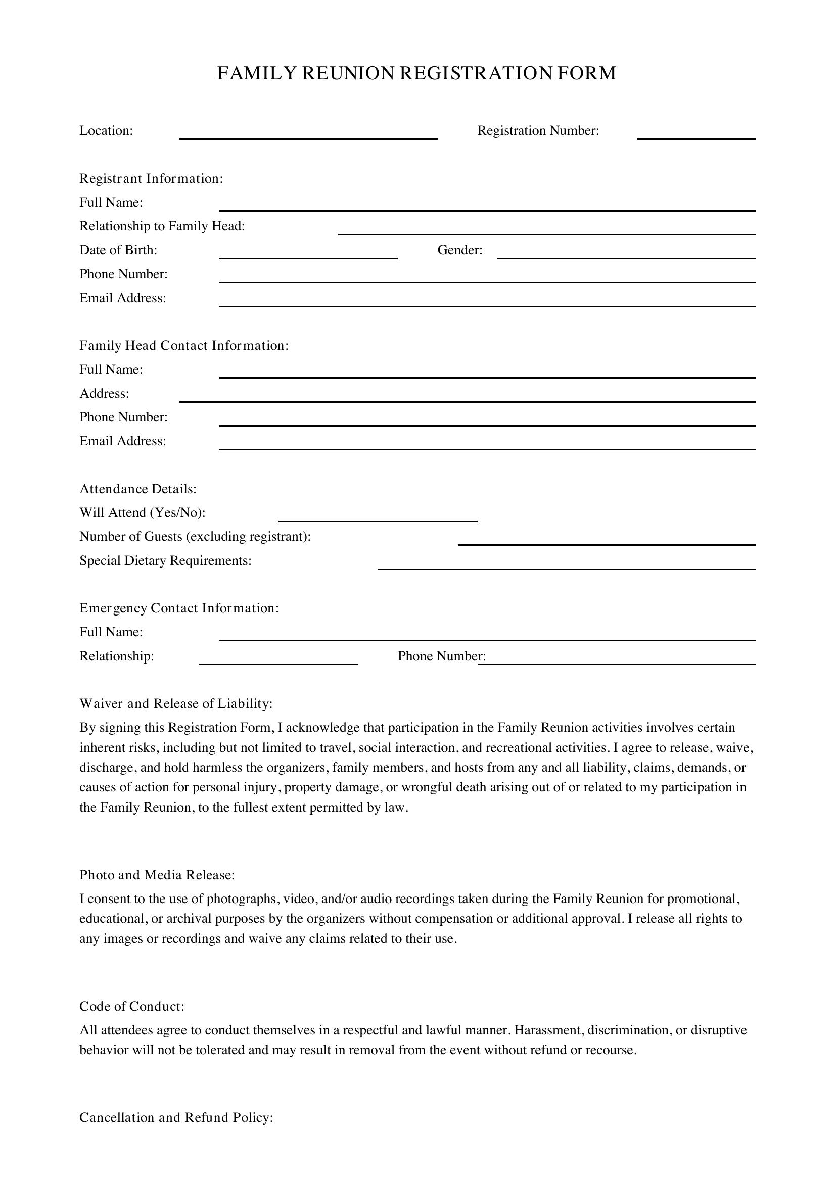 Family Reunion Registration Form Template - US
