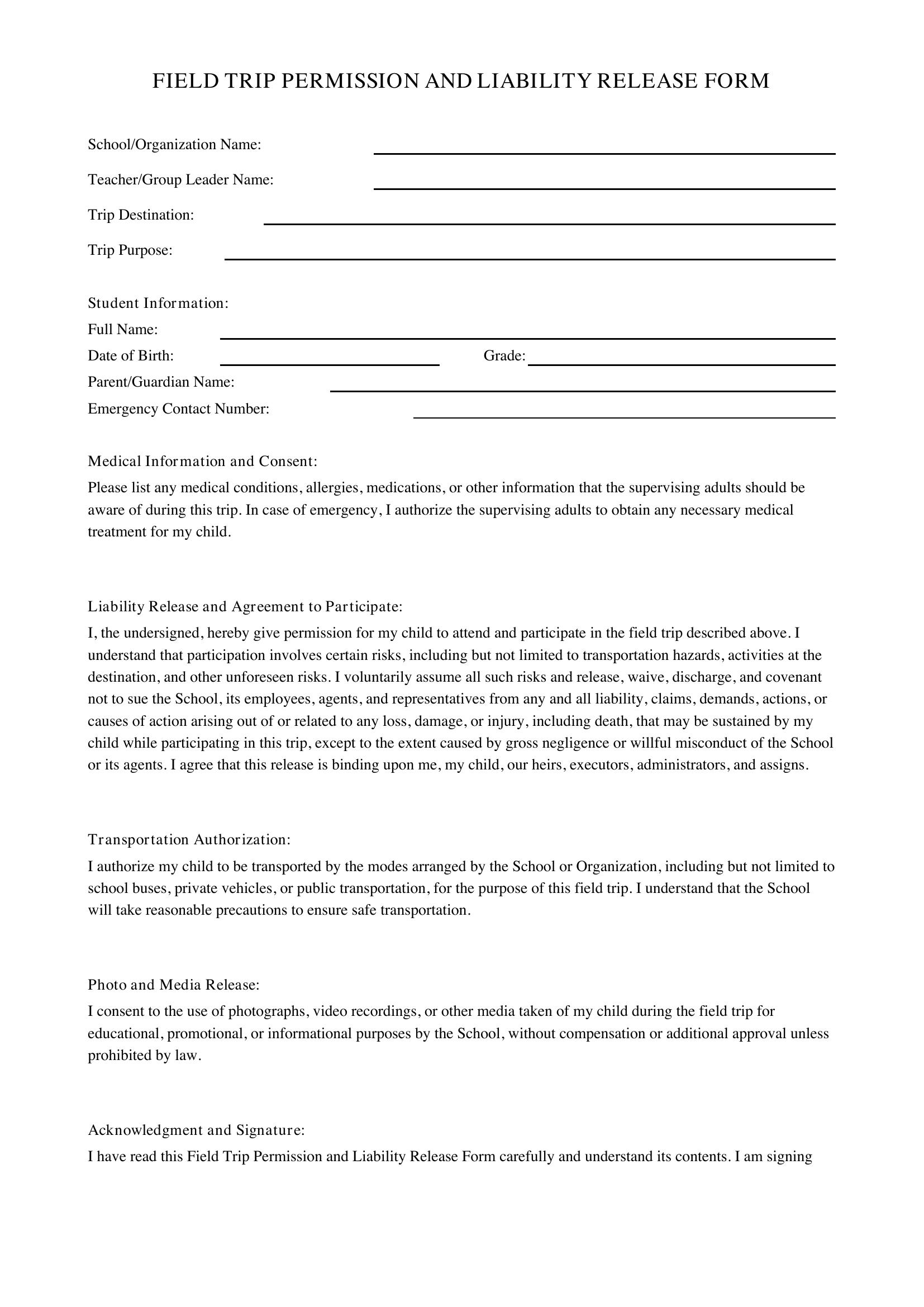 Field Trip Permission Form Template - US