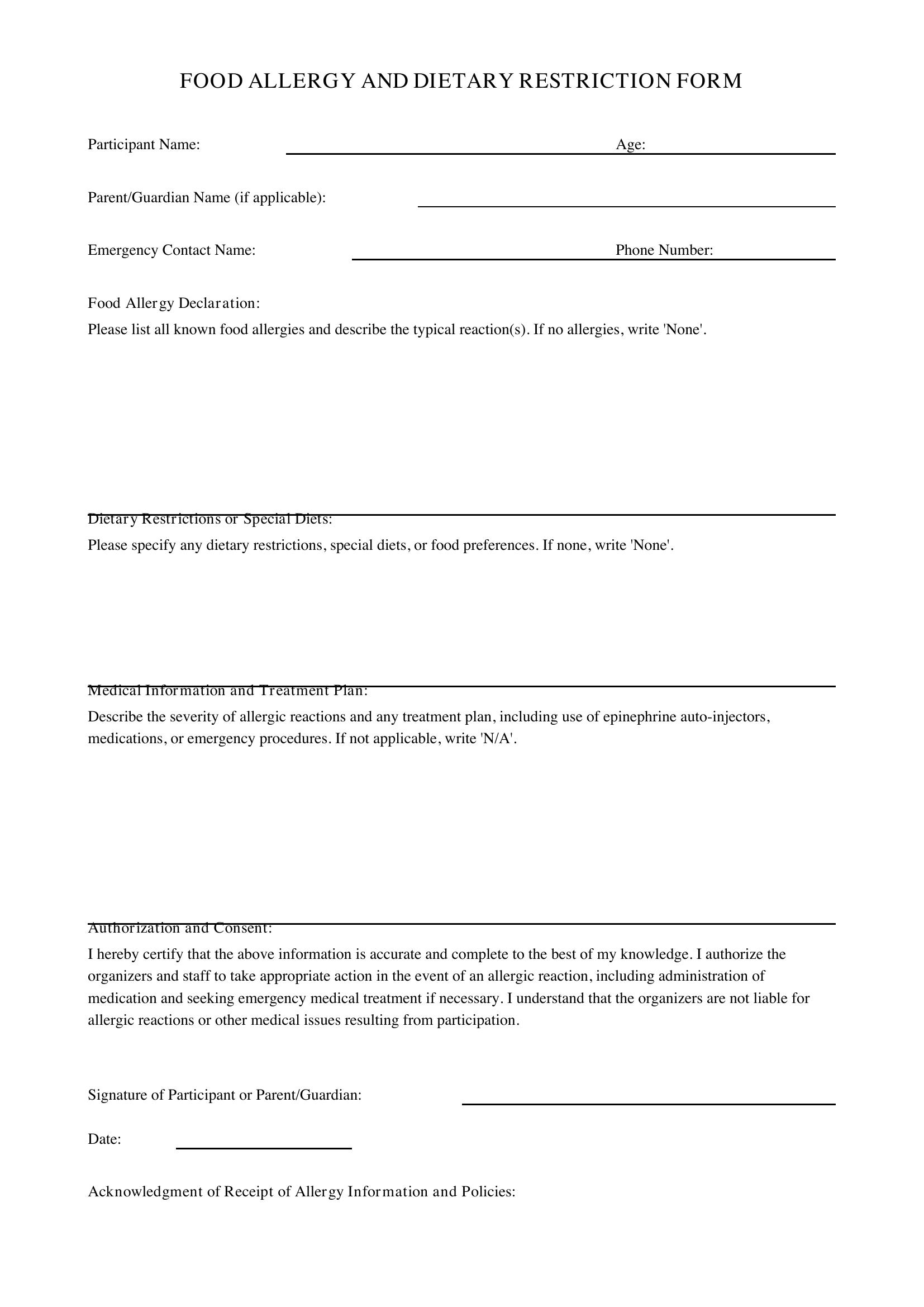 Food Allergy Form Template - US