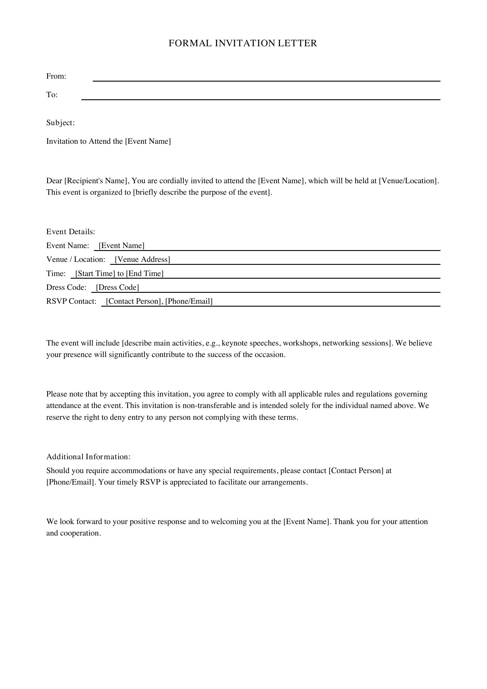 Formal Invitation Letter Template - US