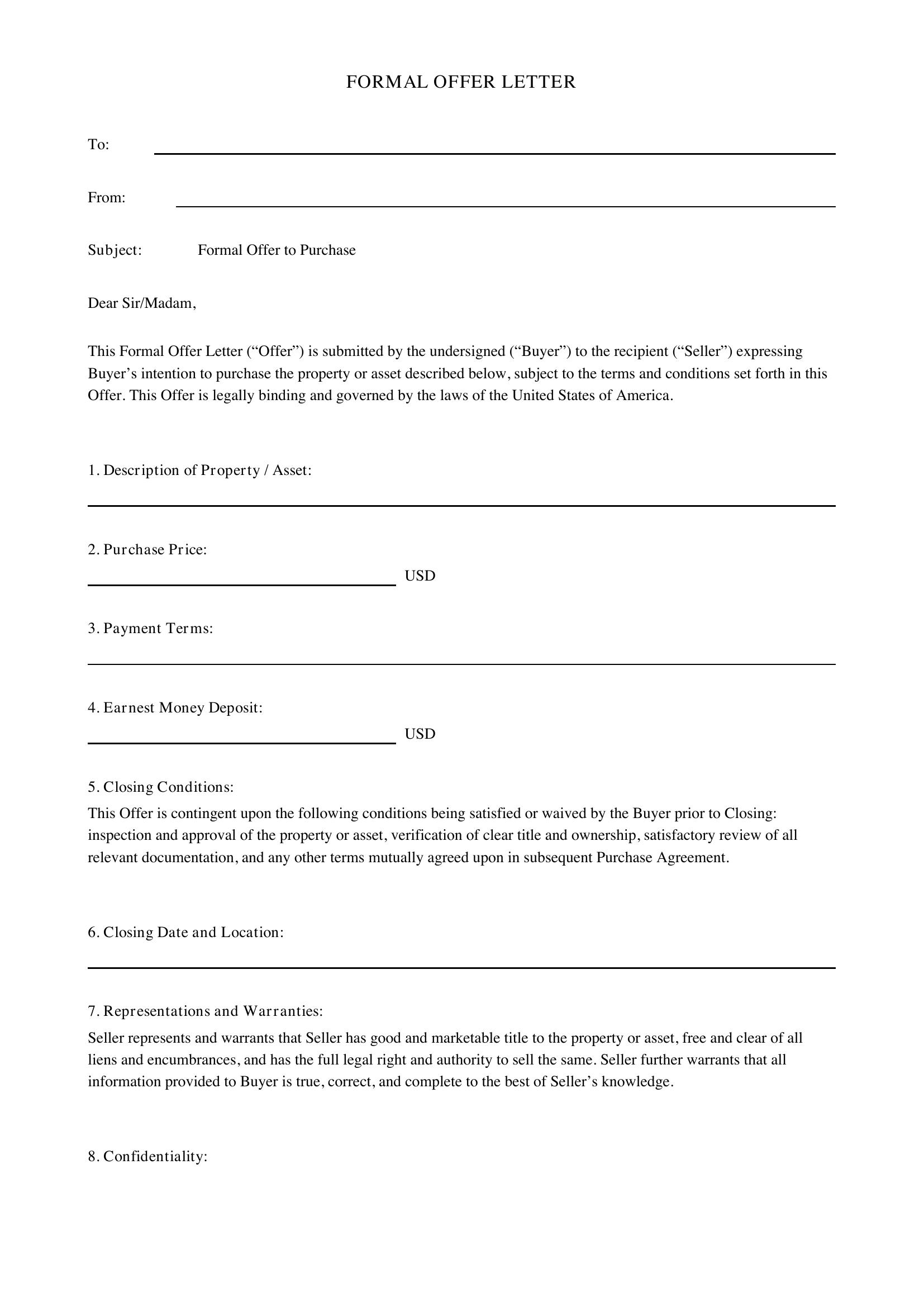 Formal Offer Letter Template - US