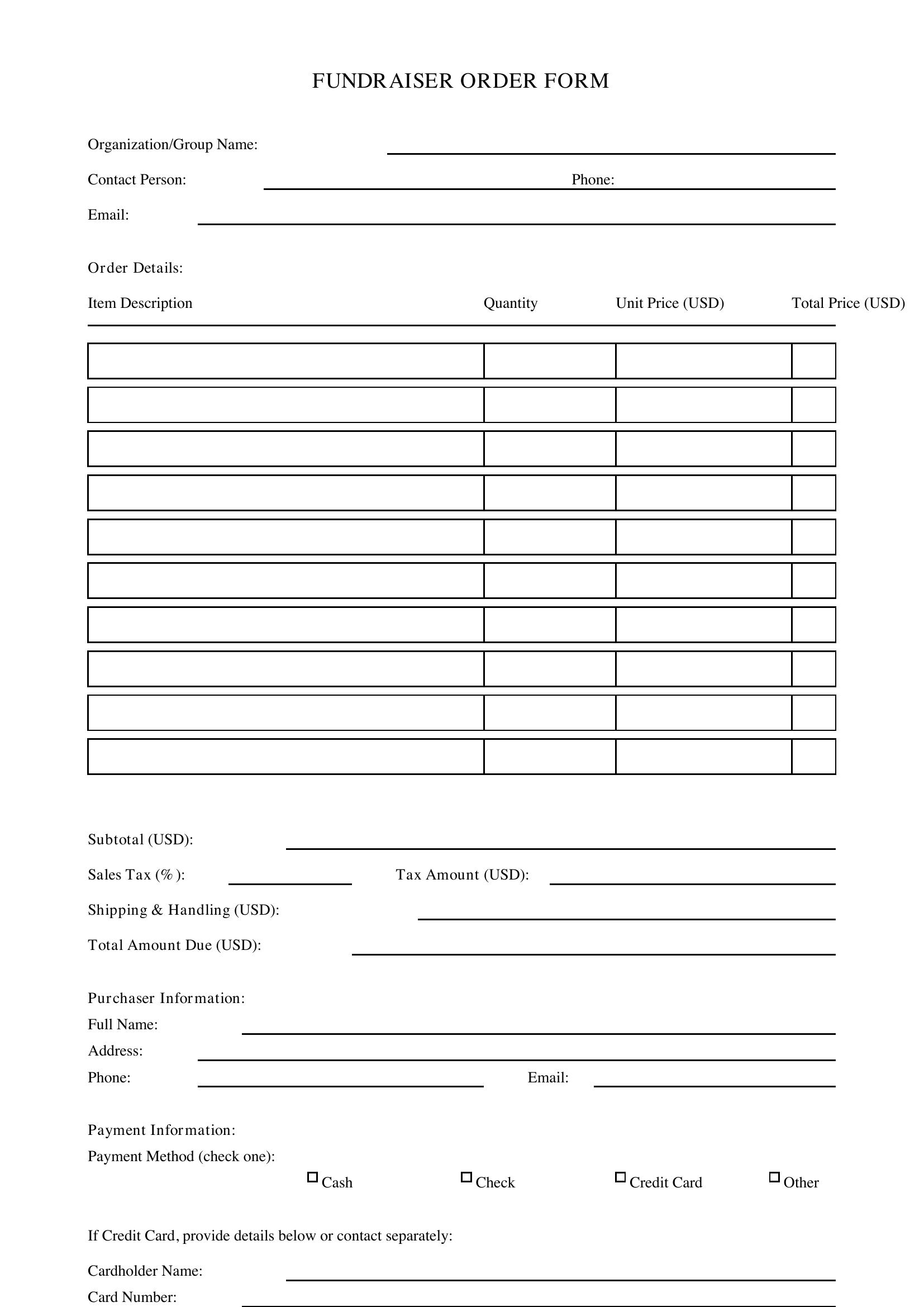 Fundraiser Order Form Template - US