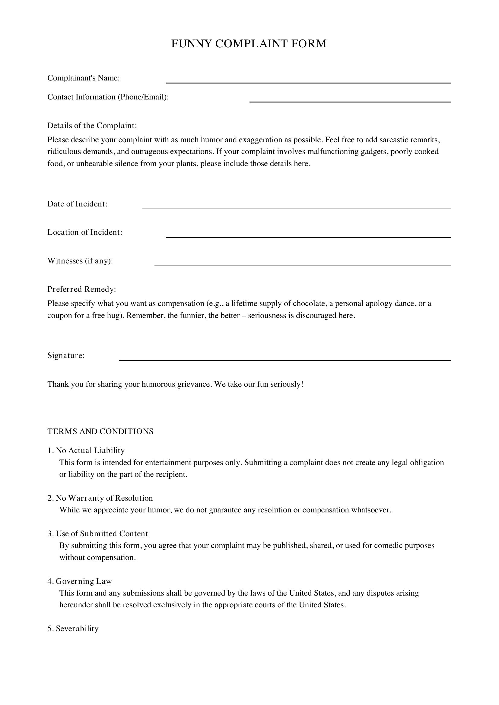 Funny Complaint Form Template - US