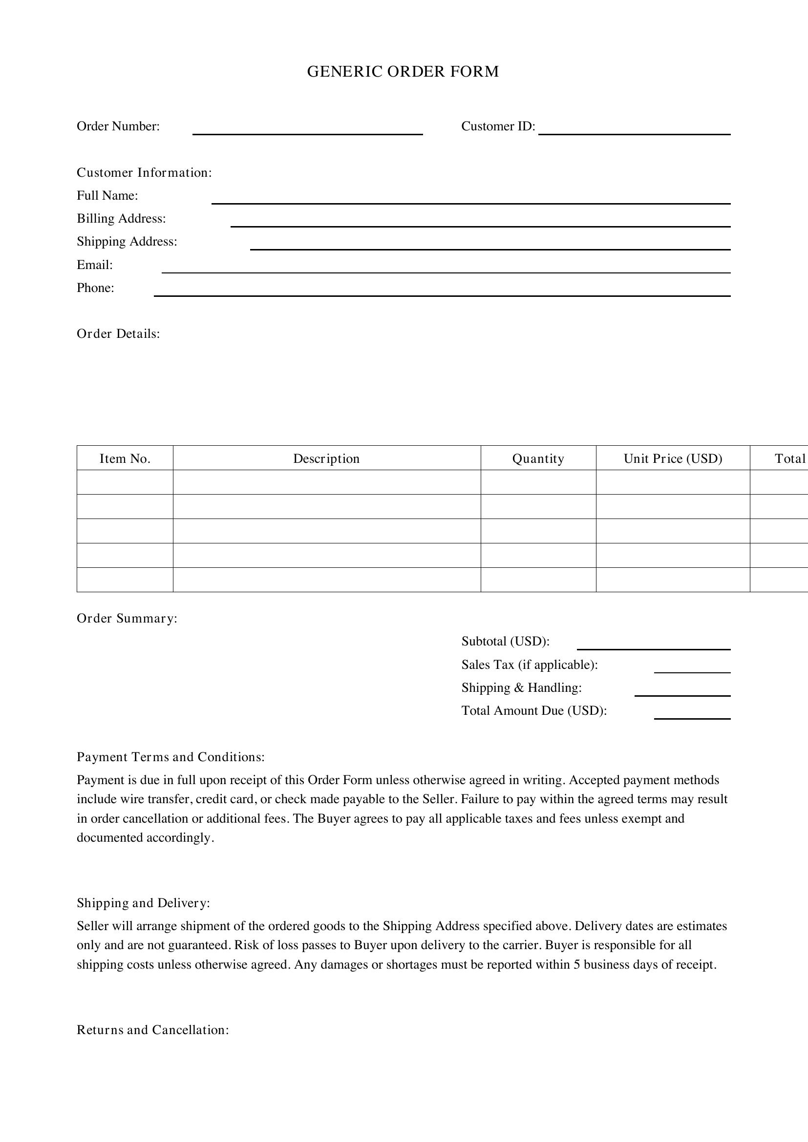 Generic Order Form Template - US