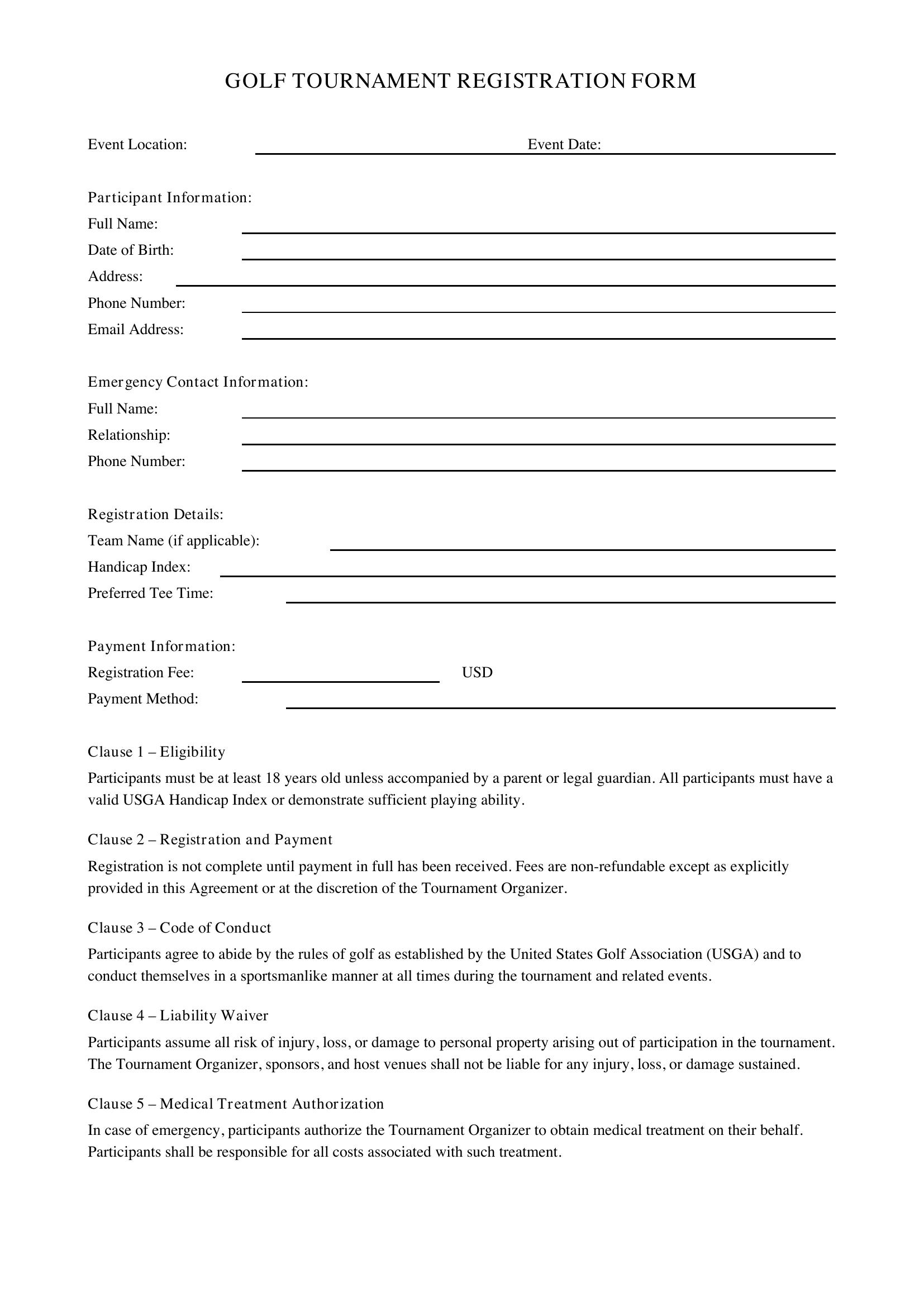 Golf Tournament Registration Form Template - US