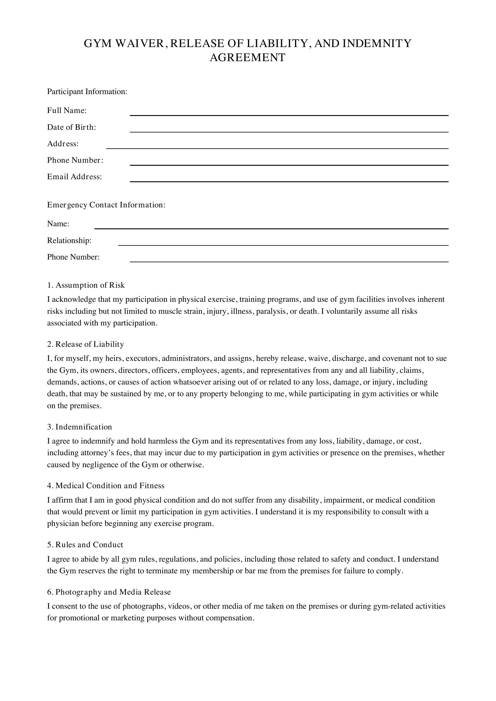 Gym Waiver Form Template - US