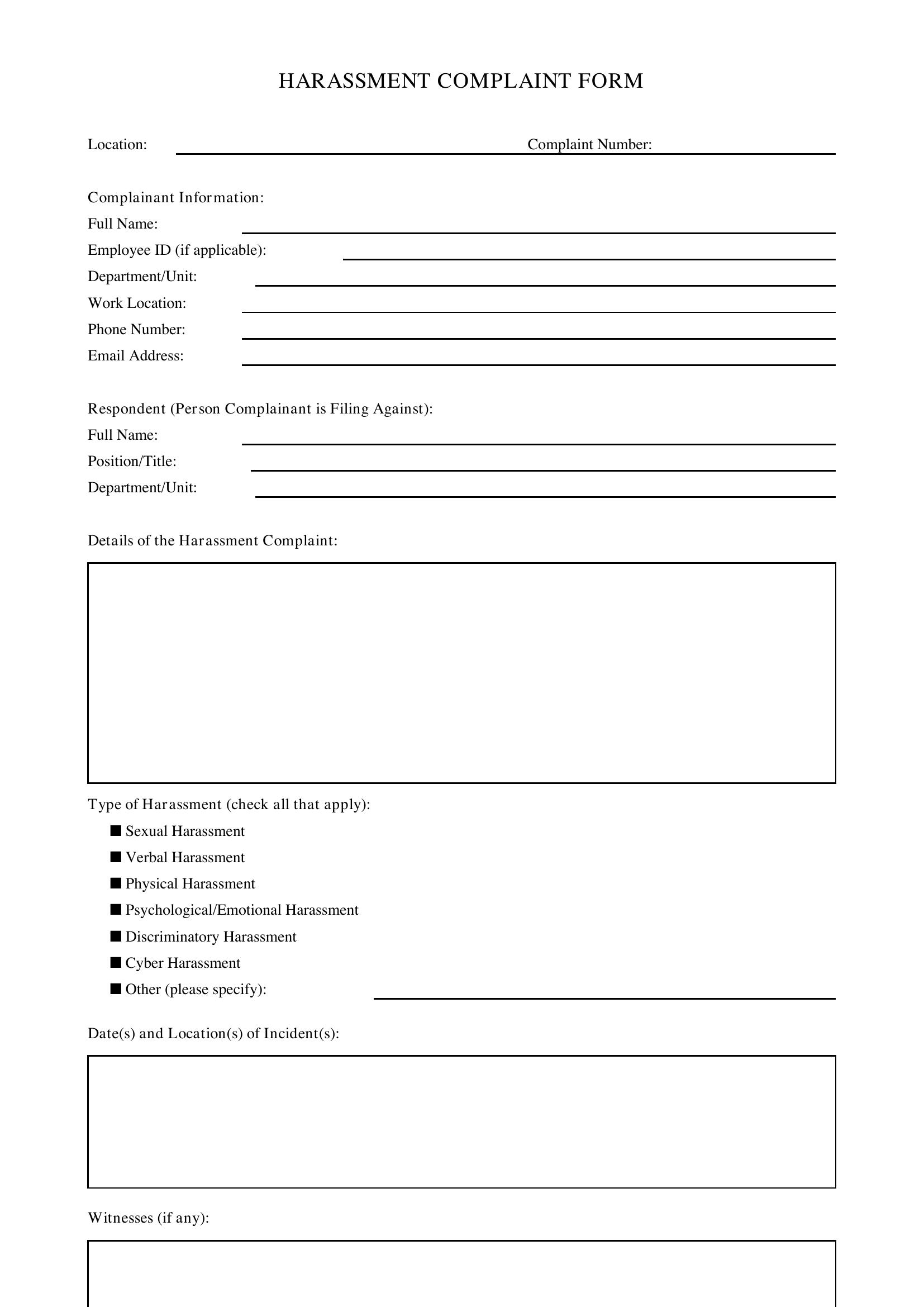 Harassment Complaint Form Template - US