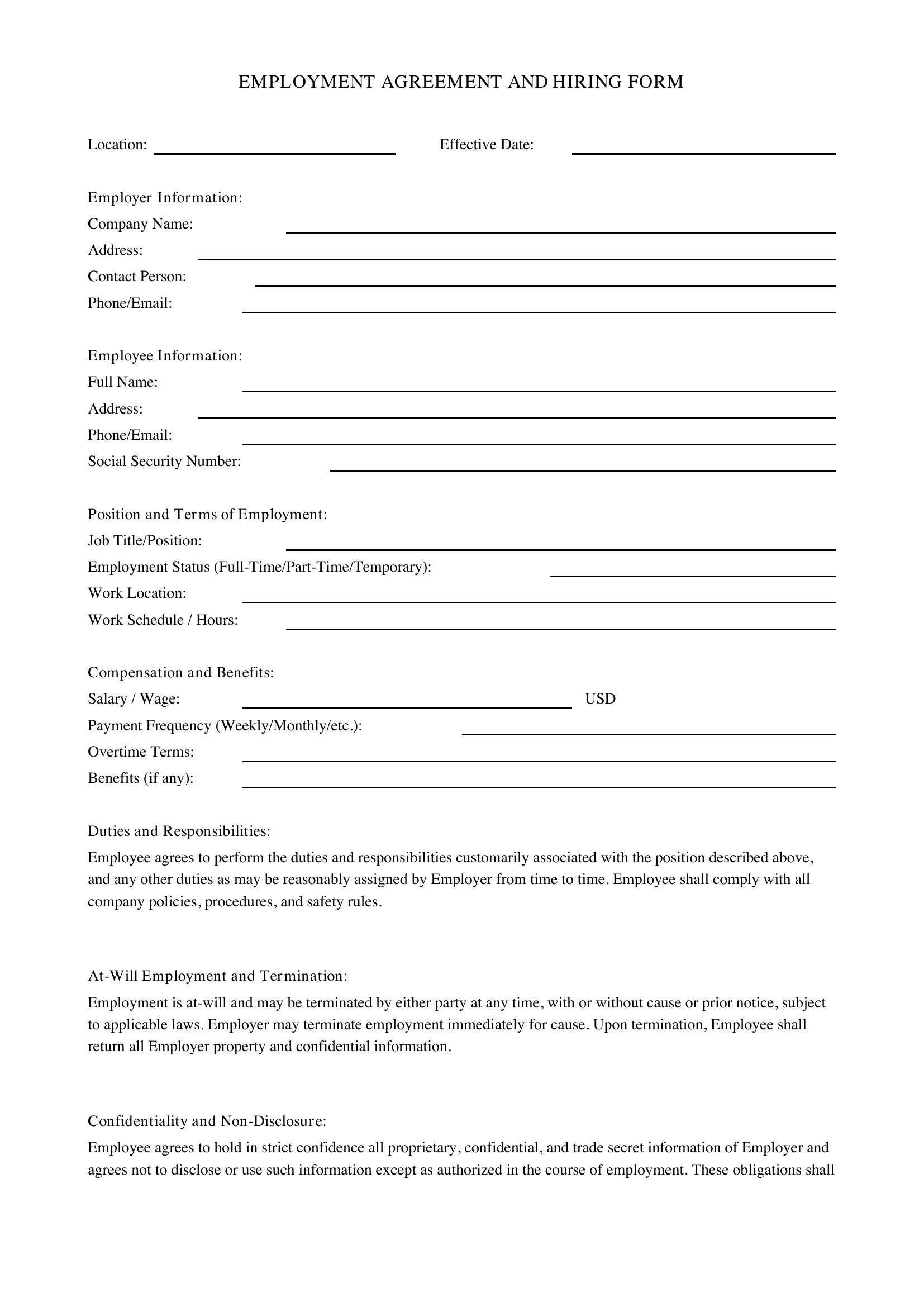 Hiring Form Template - US
