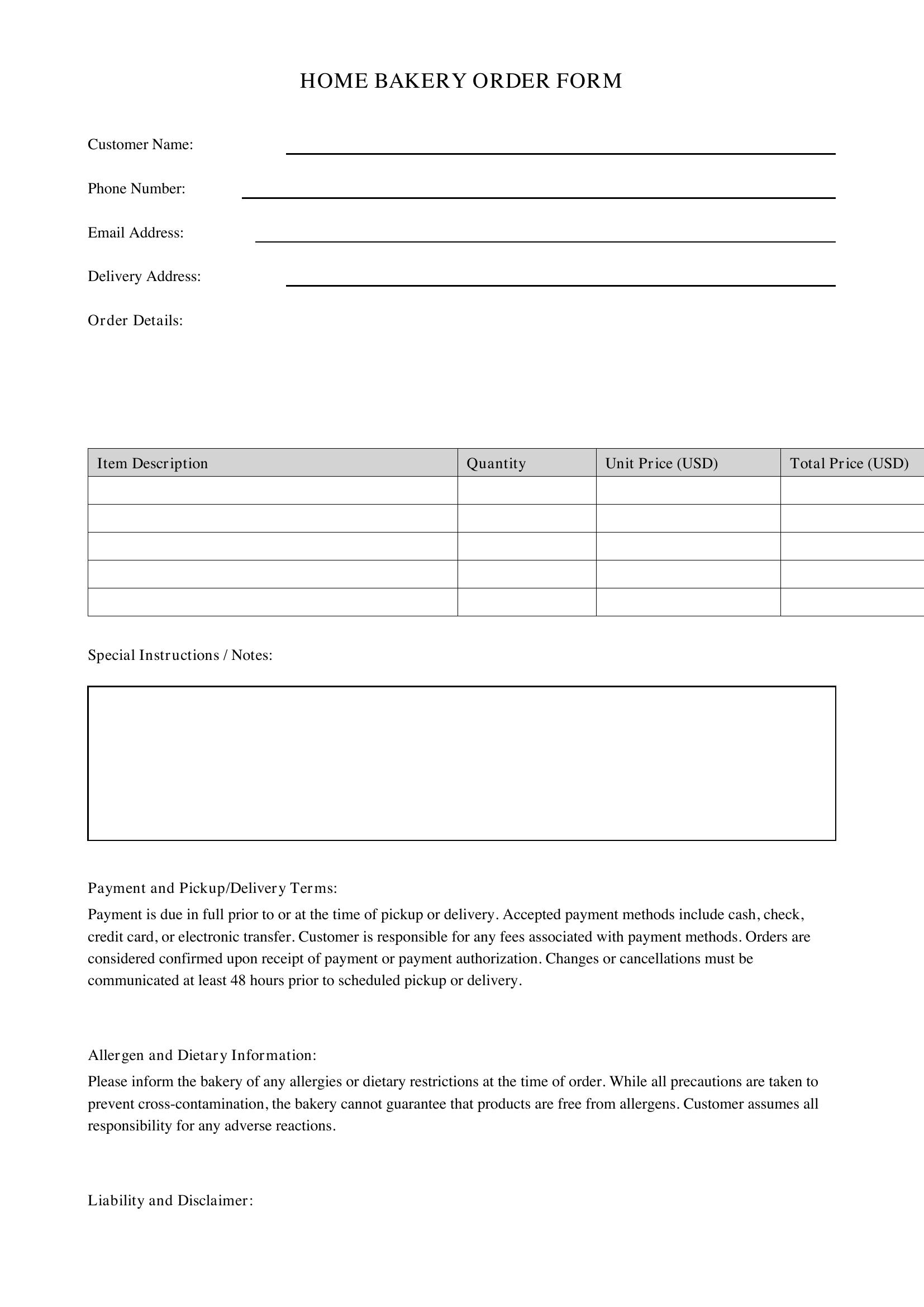 Home Bakery Order Form Template - US