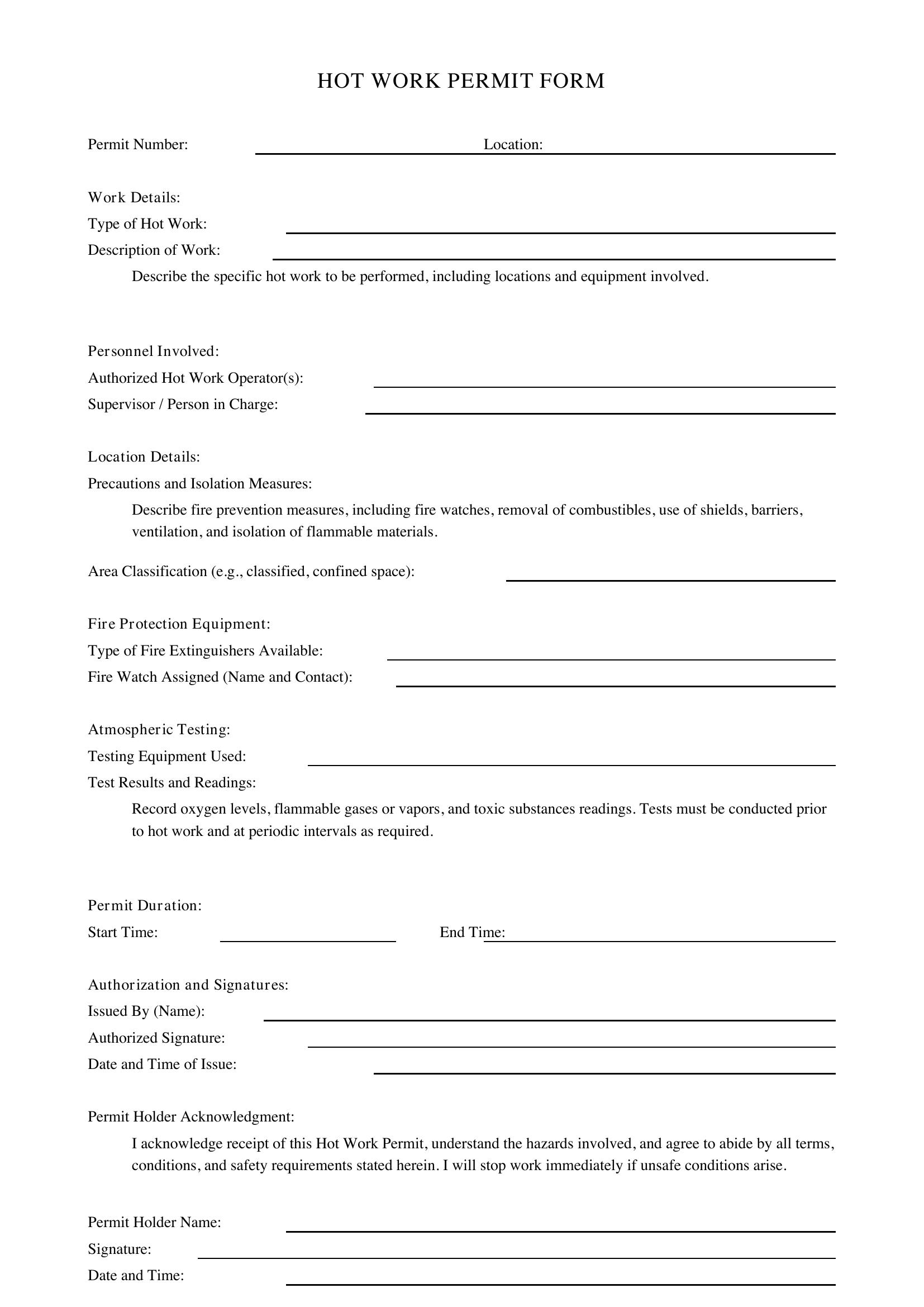 Hot Work Permit Form Template - US