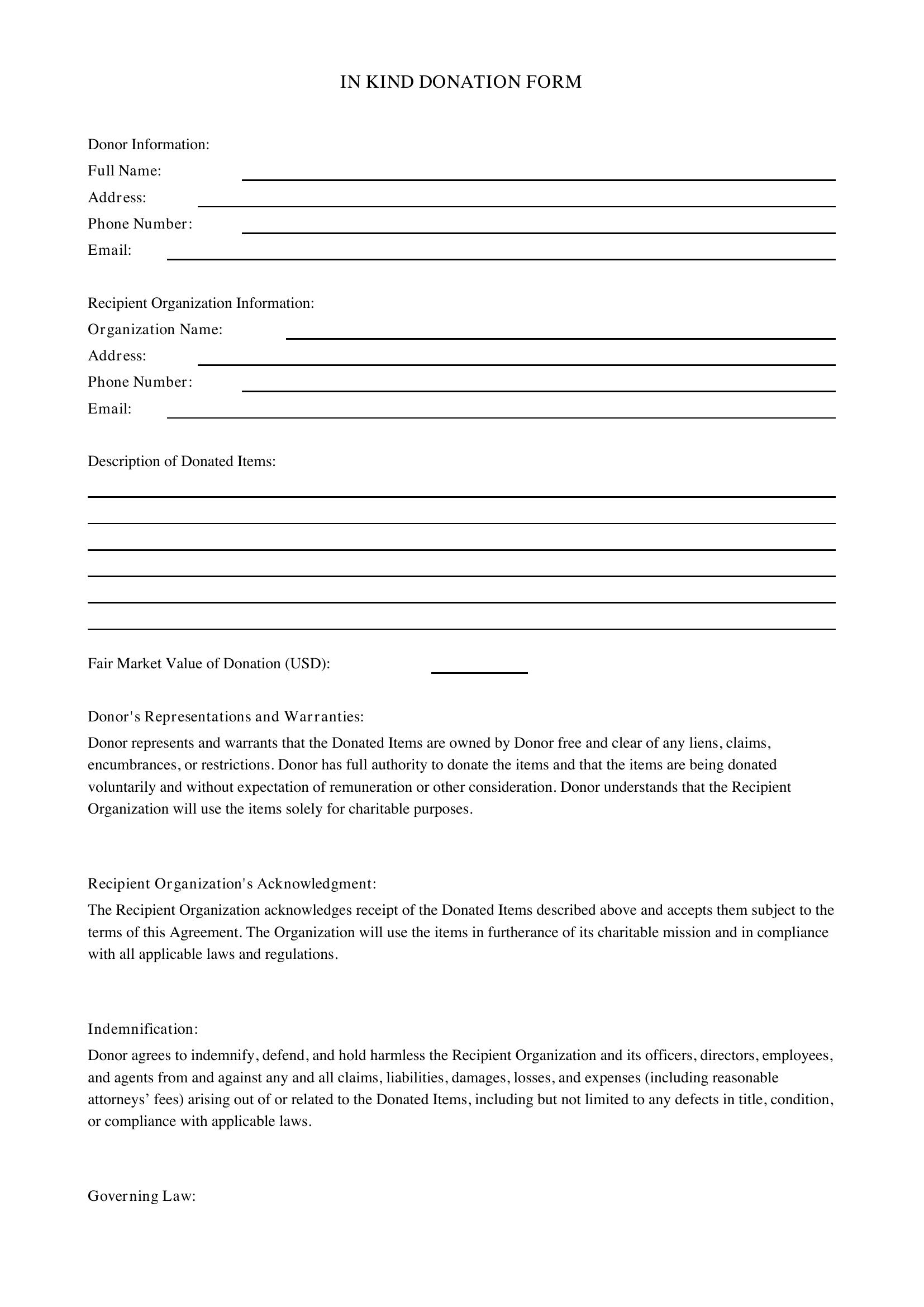 In Kind Donation Form Template - US