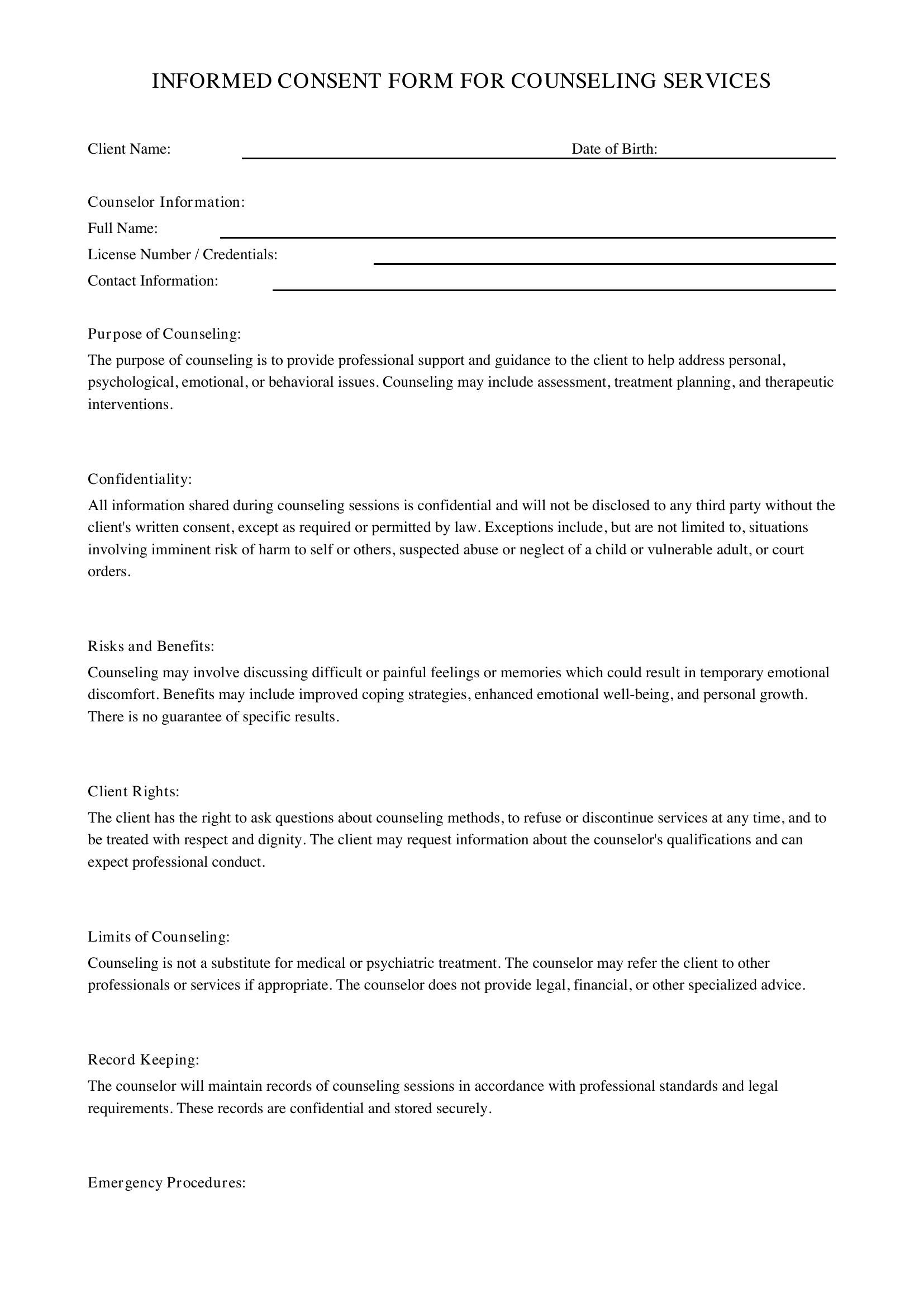 Informed Consent Form Counseling Template - US