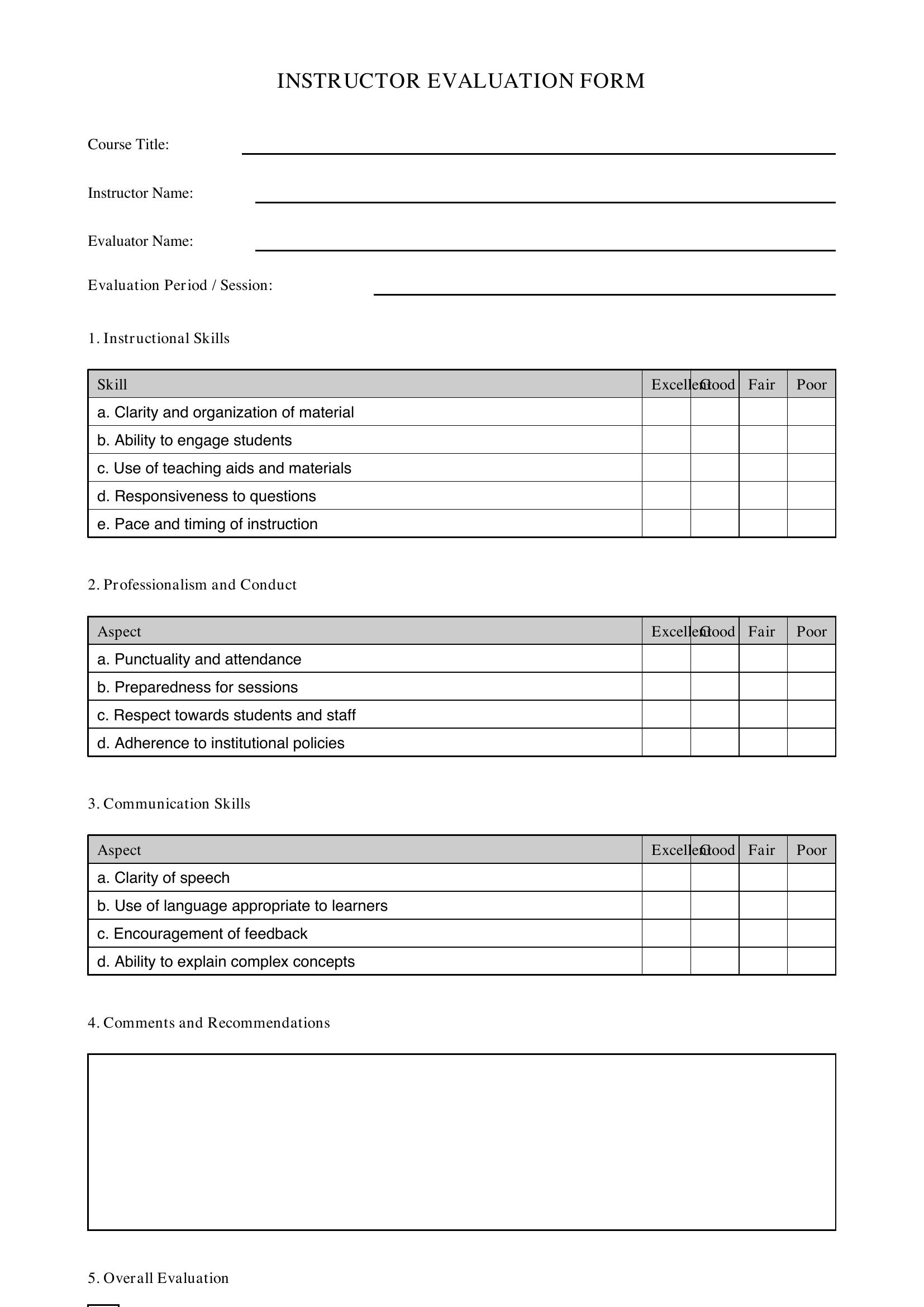 Instructor Evaluation Form Template - US