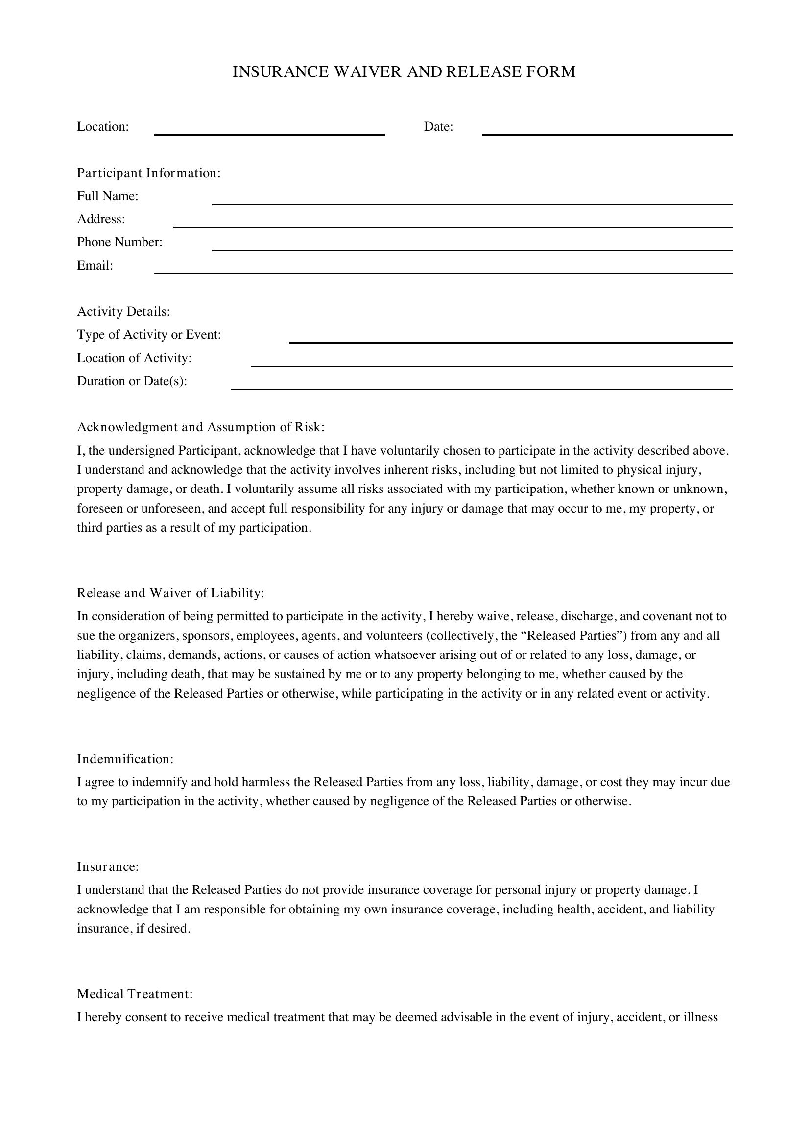 Insurance Waiver Form Template - US