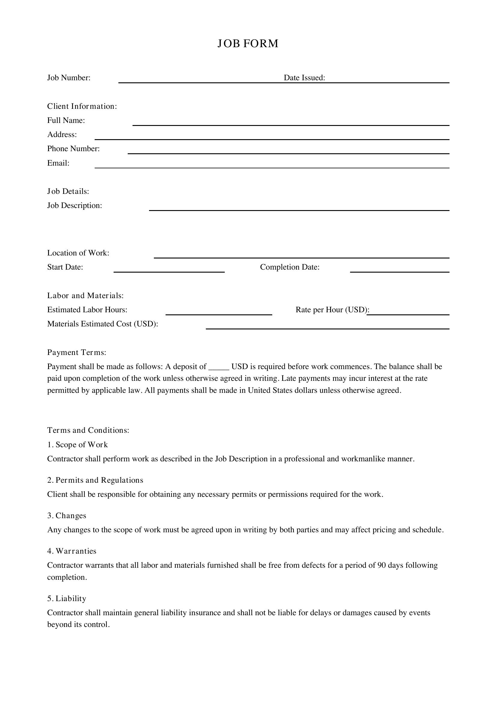 Job Form Template - US