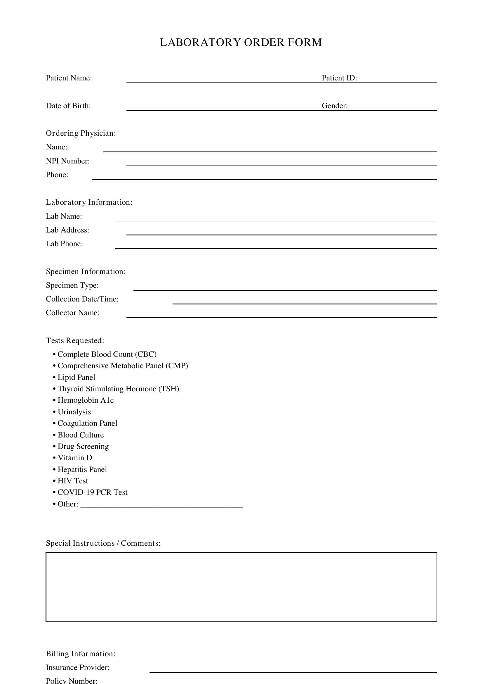 Lab Order Form Template - US