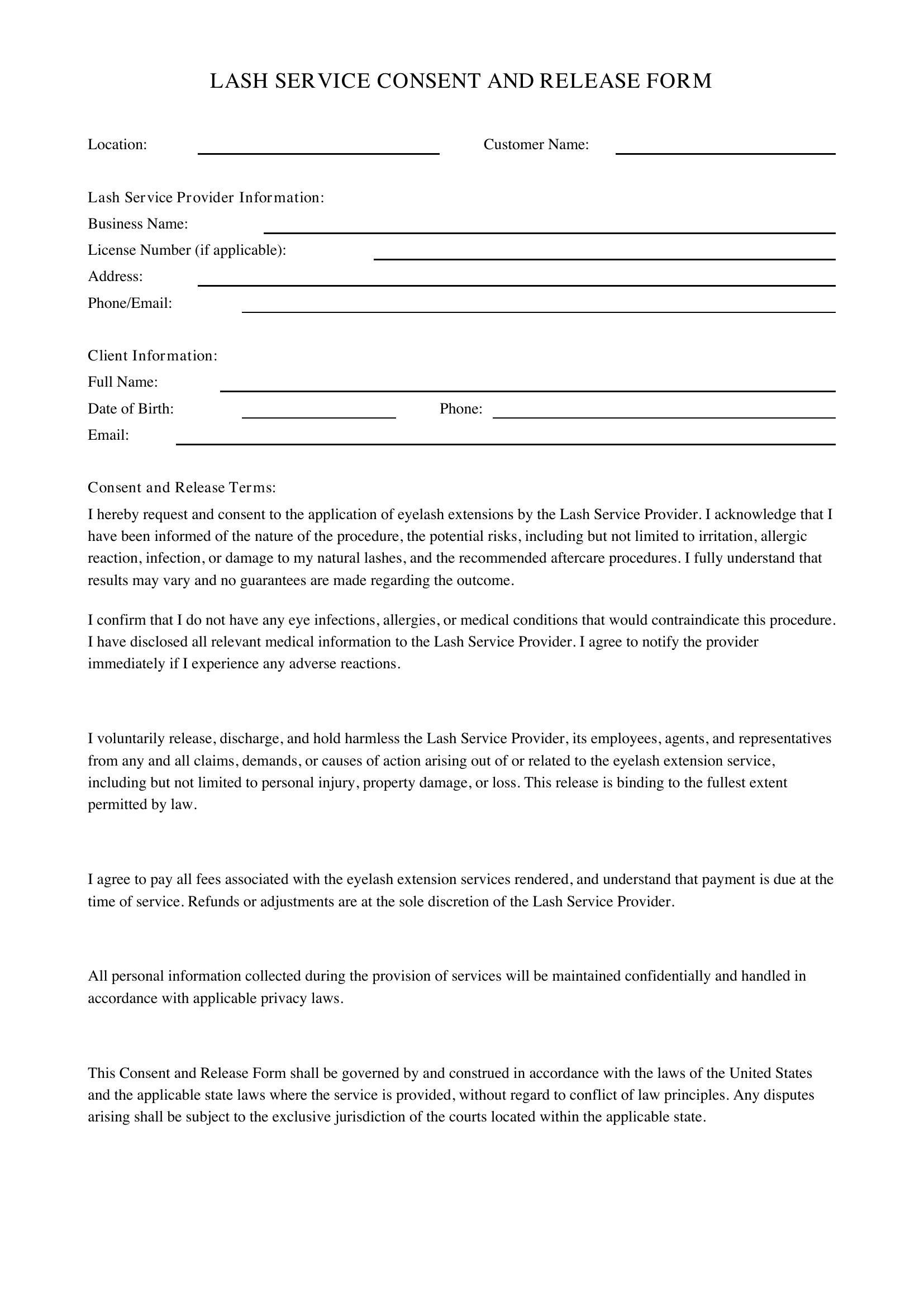 Lash Consent Form Template - US