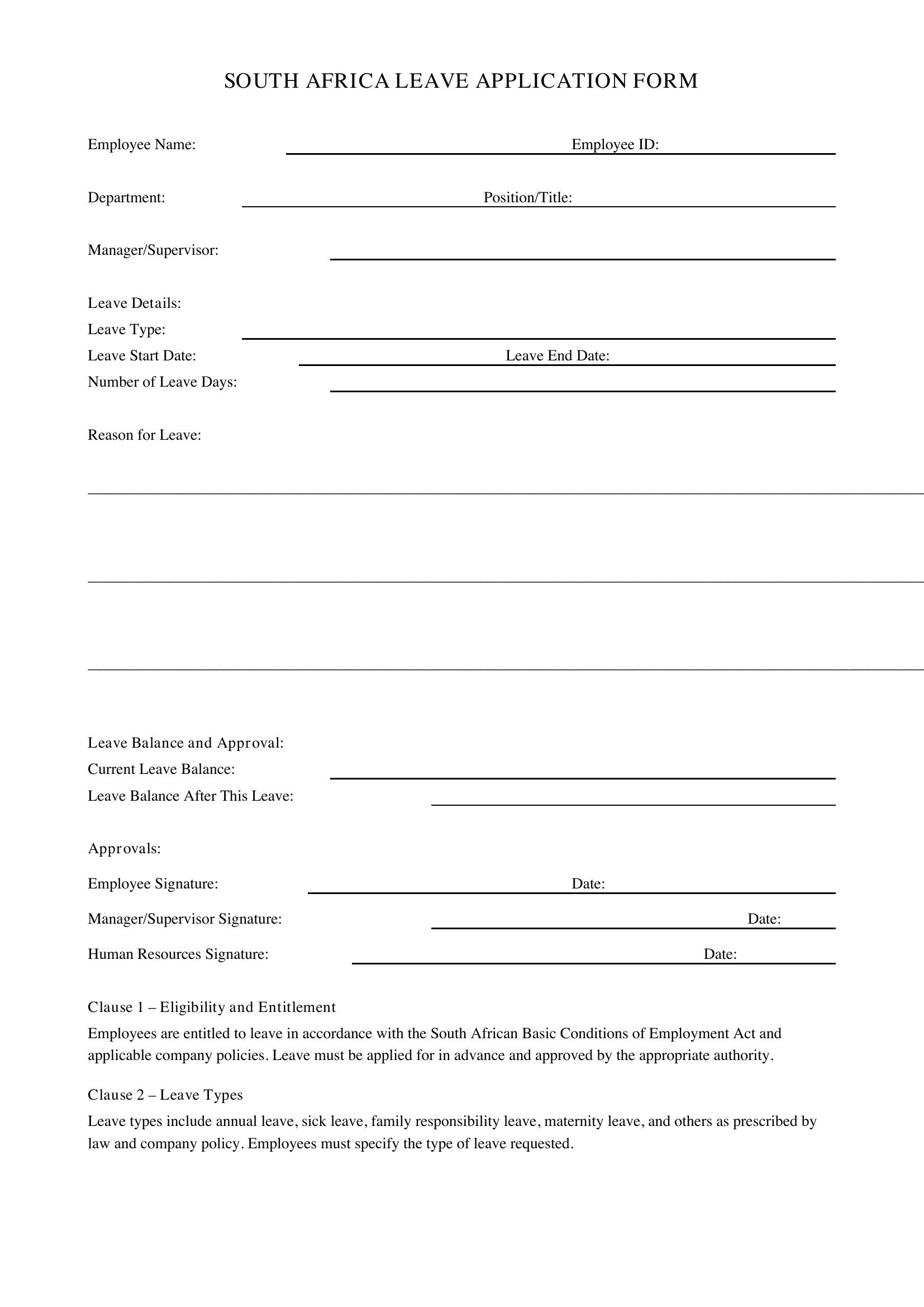 Leave Form South Africa Template - US