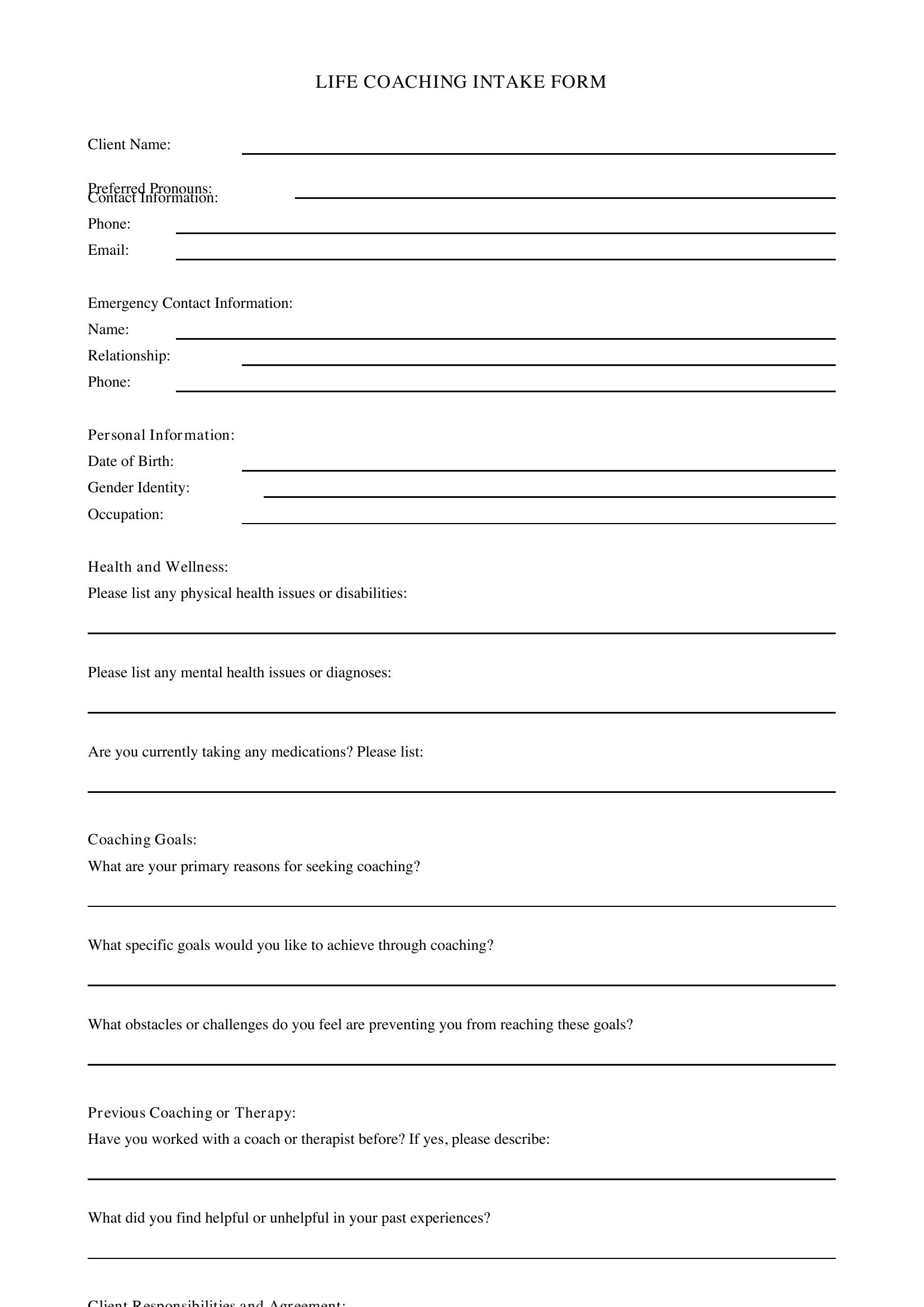 Life Coaching Intake Form Template - US