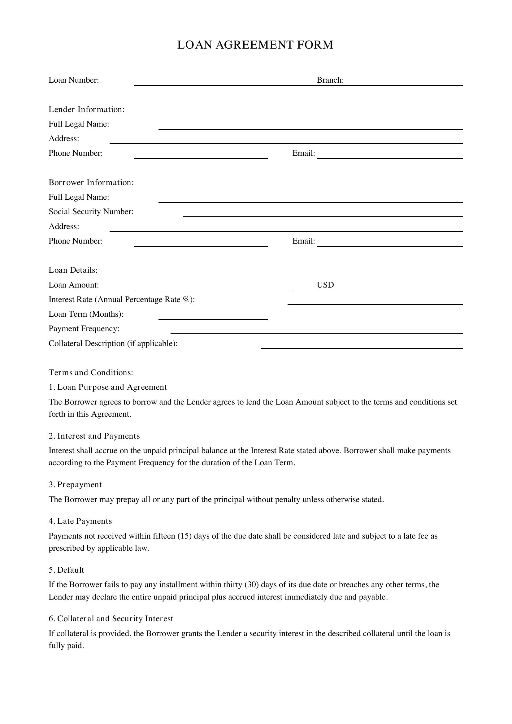 Loan Form Template - US