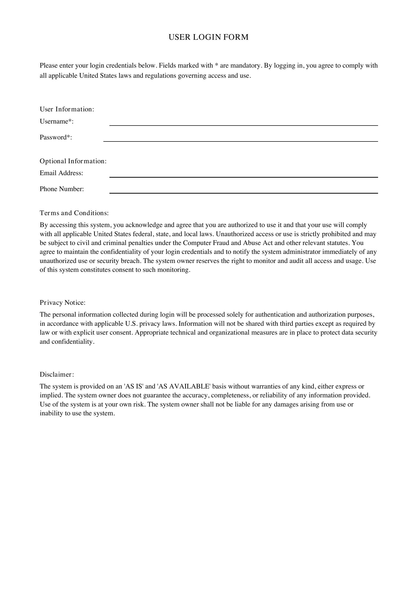 Login Form Template - US