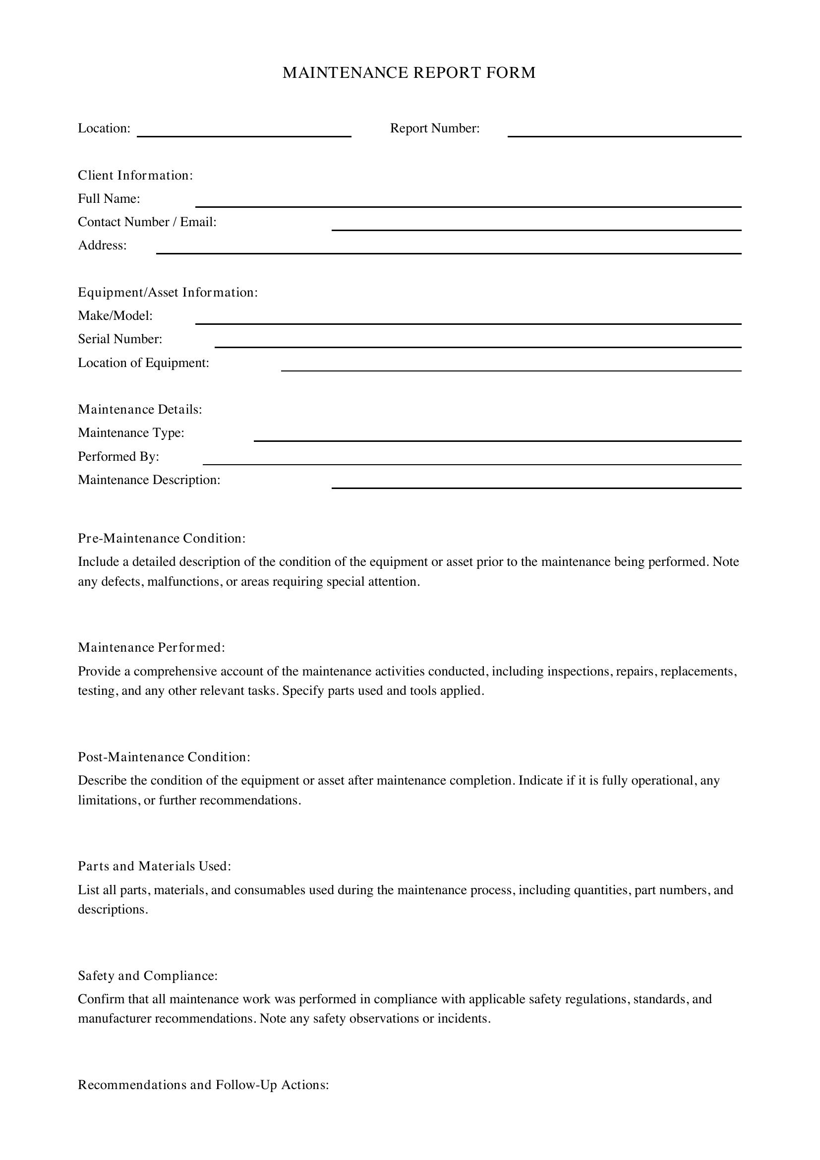 Maintenance Report Form Template - US