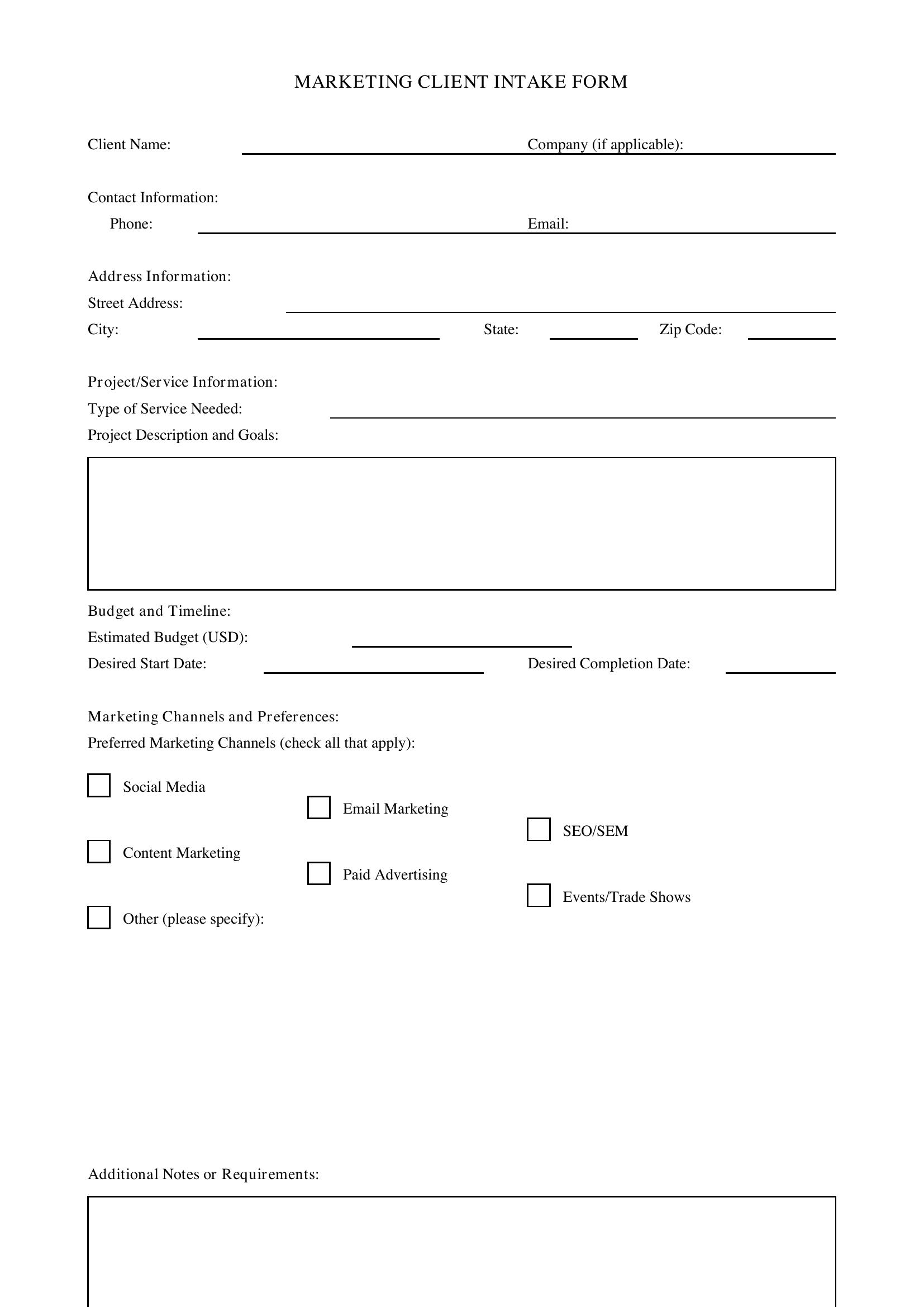Marketing Client Intake Form Template - US