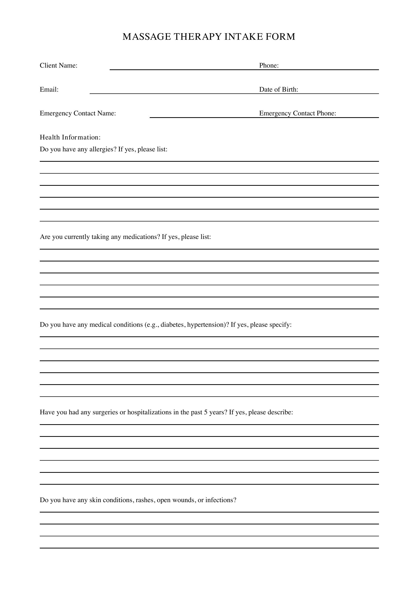 Massage Intake Form Template - US