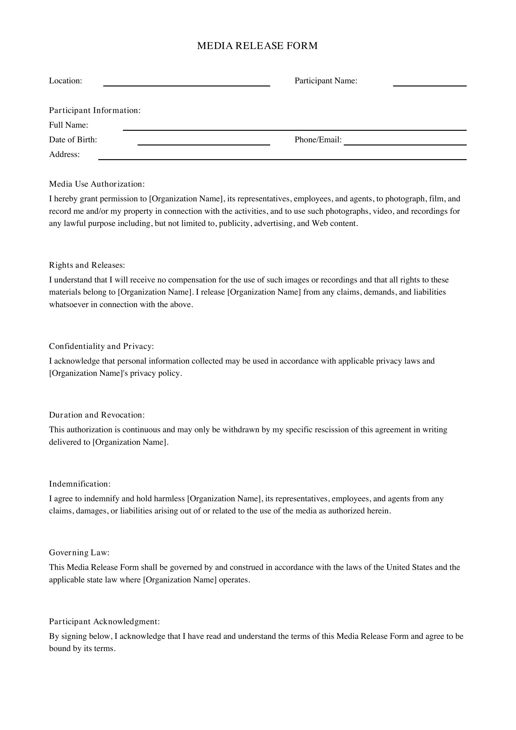 Media Release Form Template - US