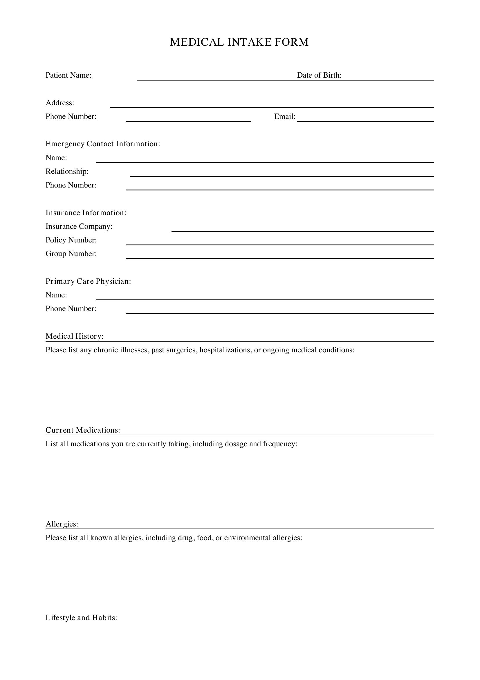 Medical Intake Form Template - US