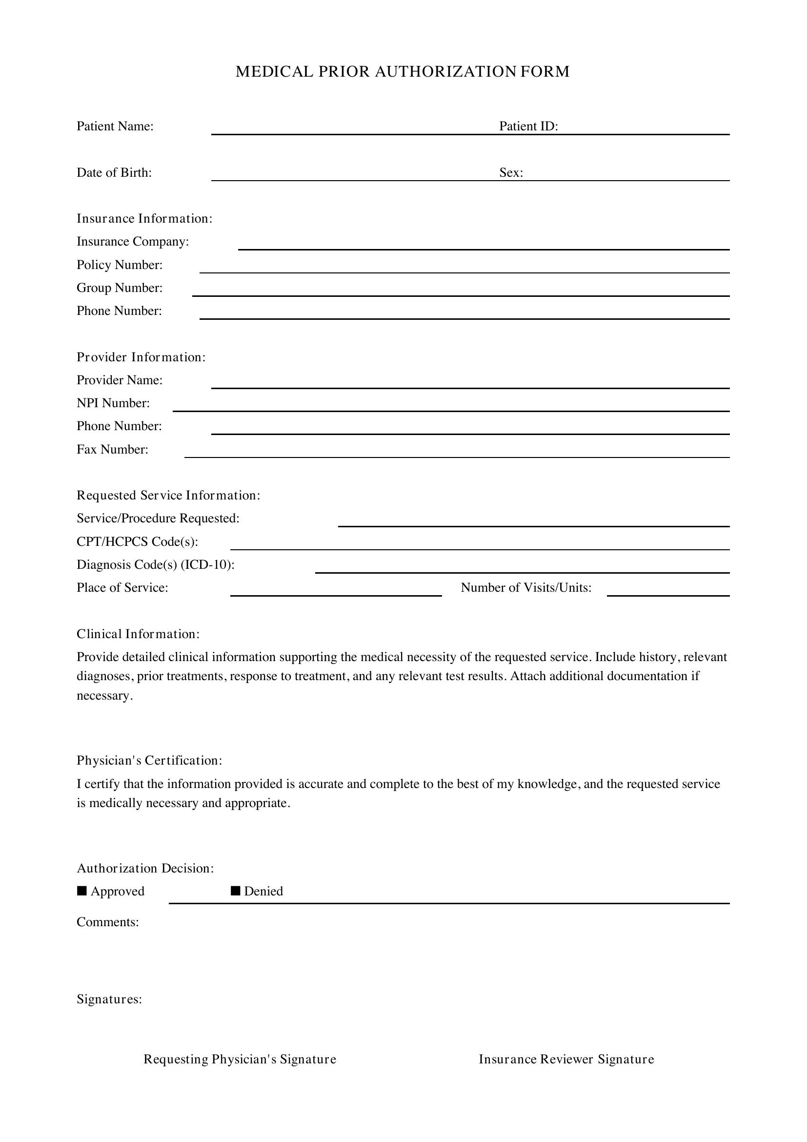 Medical Prior Authorization Form Template - US
