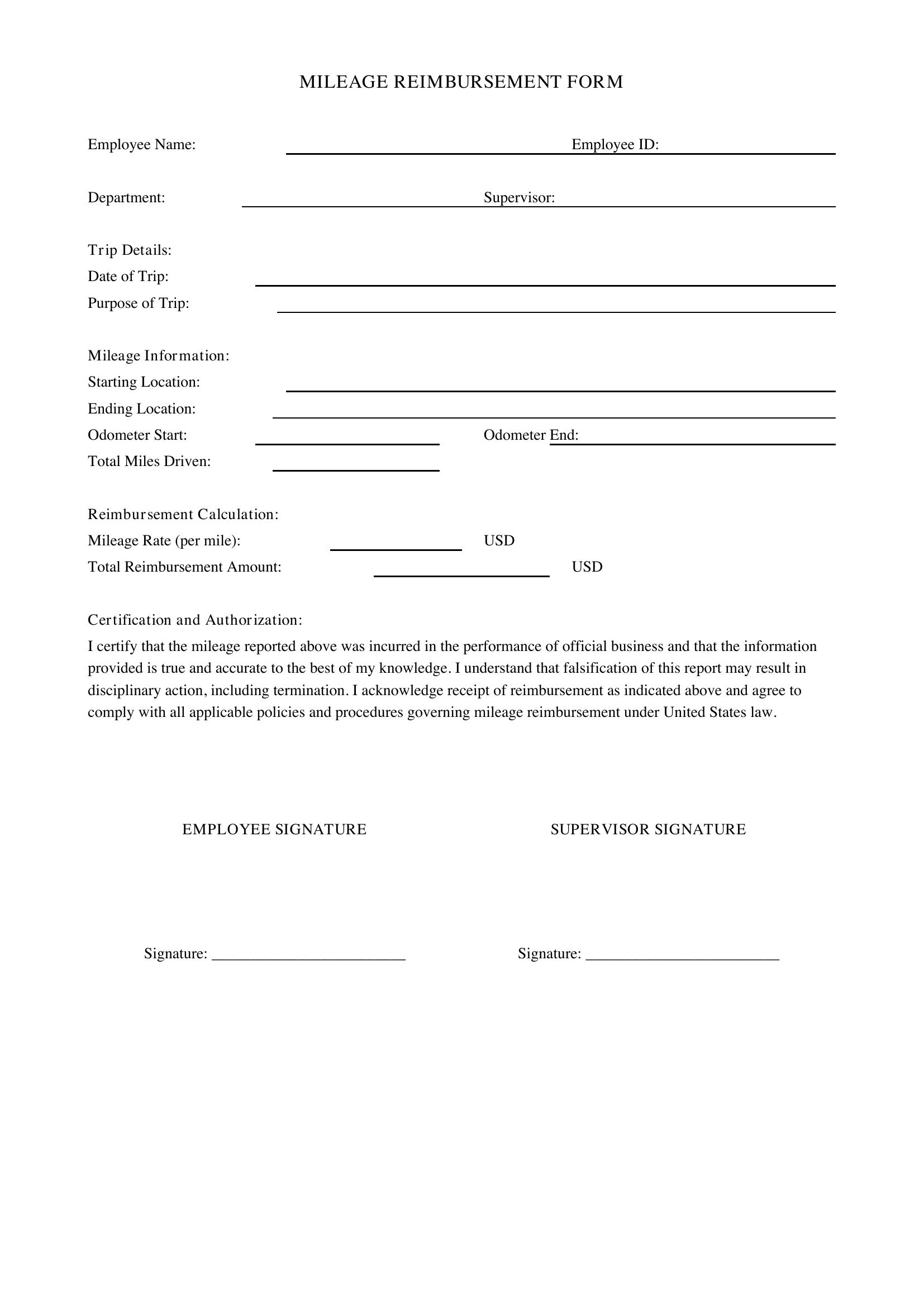Mileage Form Template - US