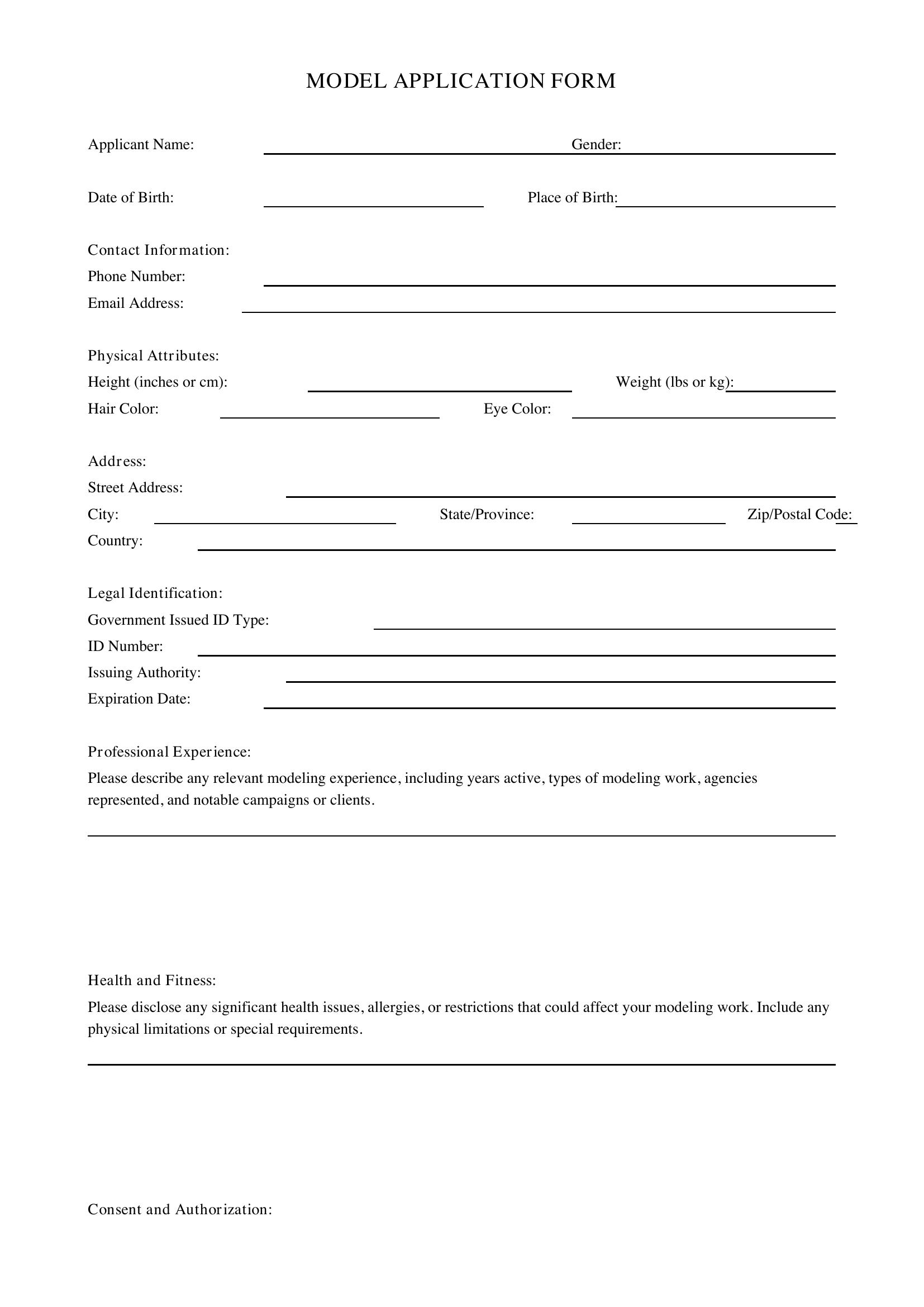 Model Application Form Template - US