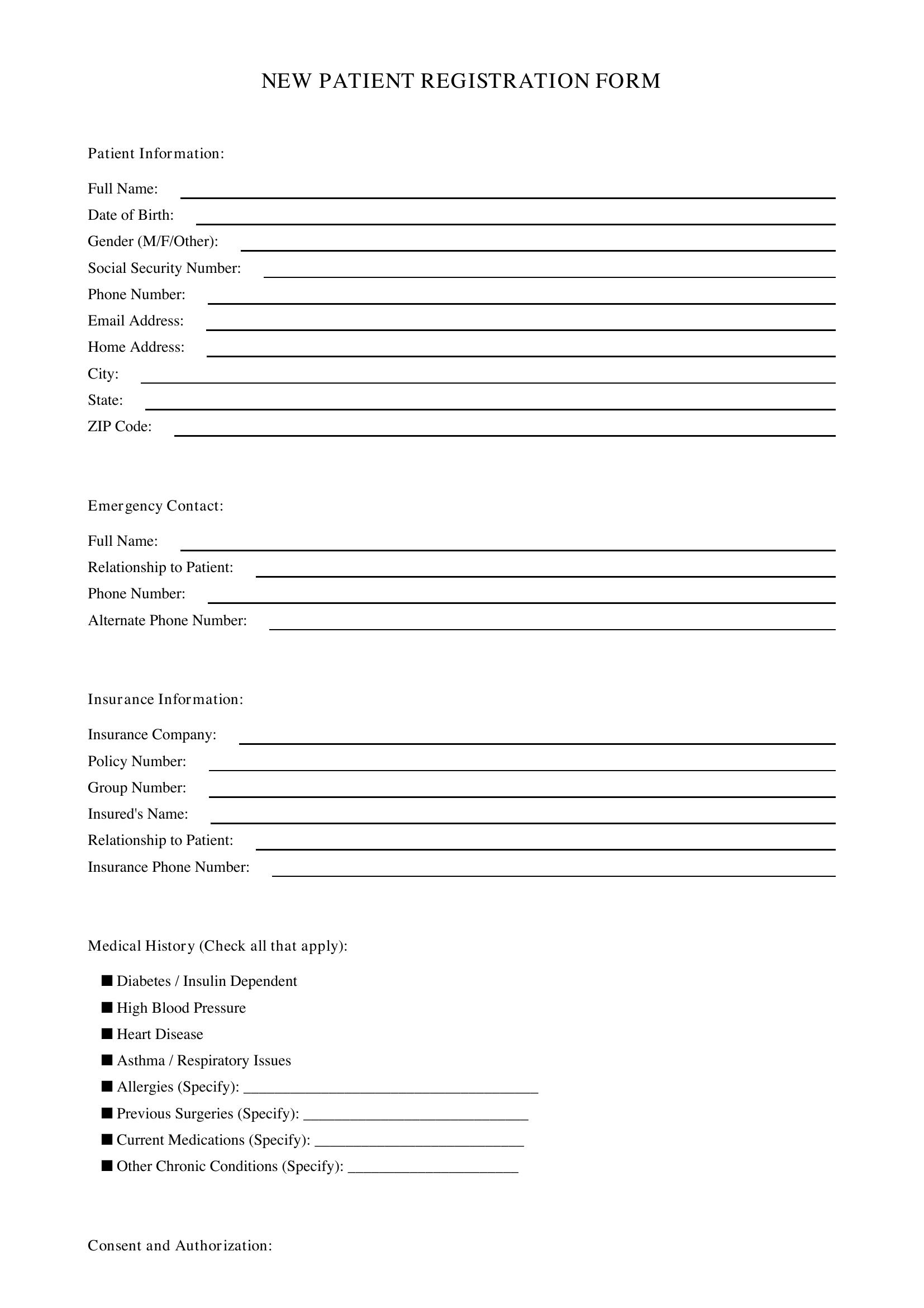 New Patient Registration Form Template - US