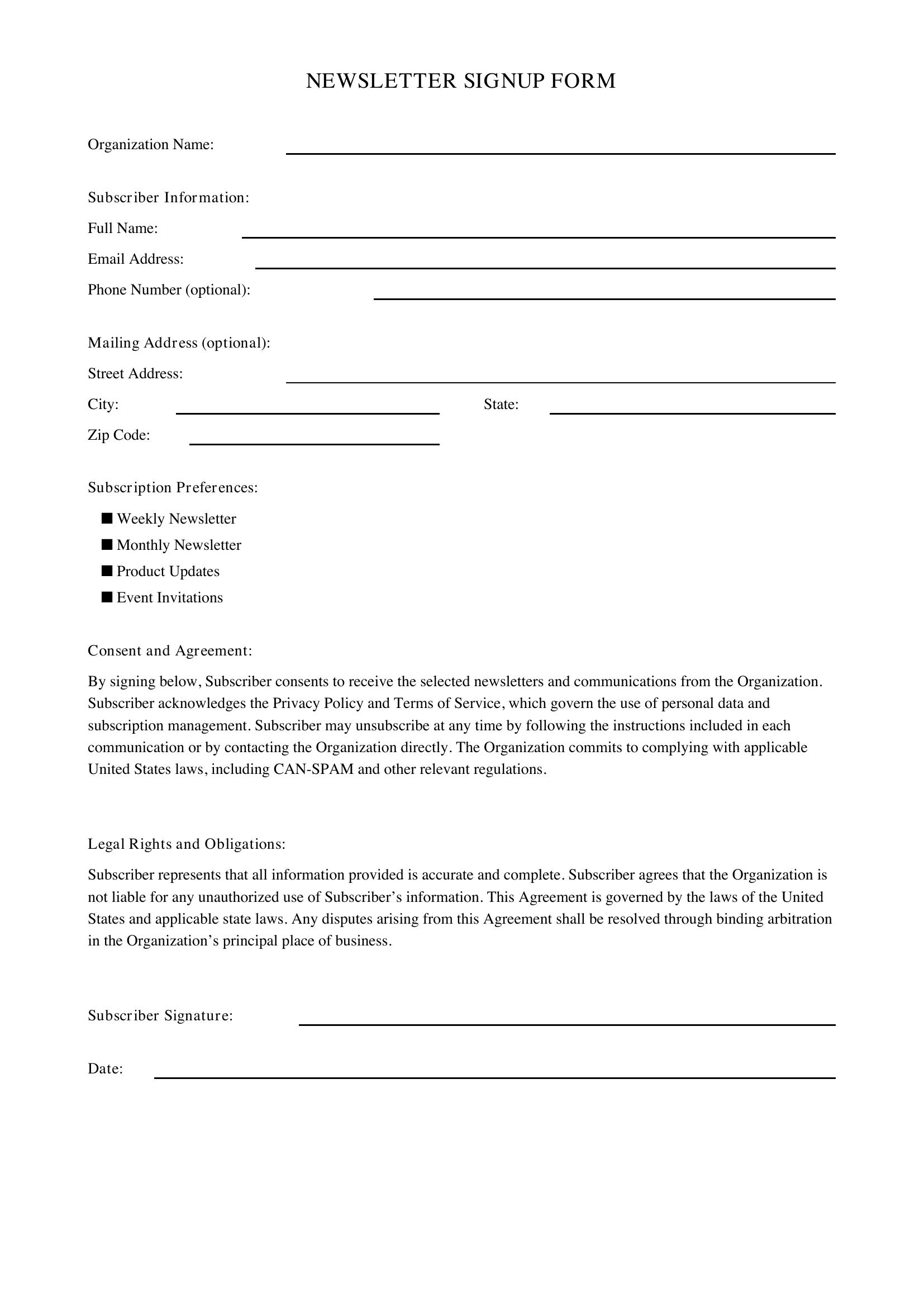 Newsletter Signup Form Template - US
