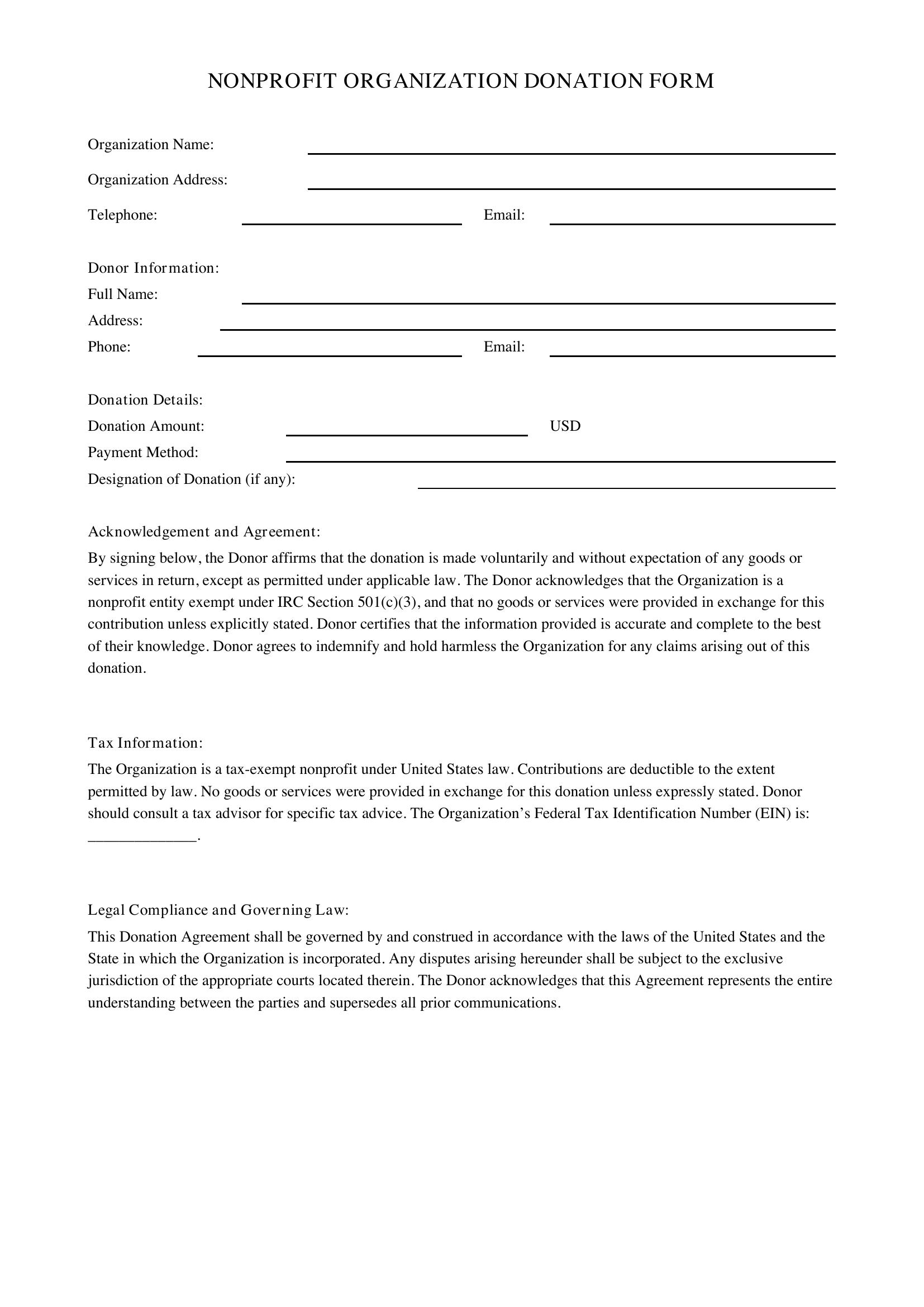 Non Profit Donation Form Template - US