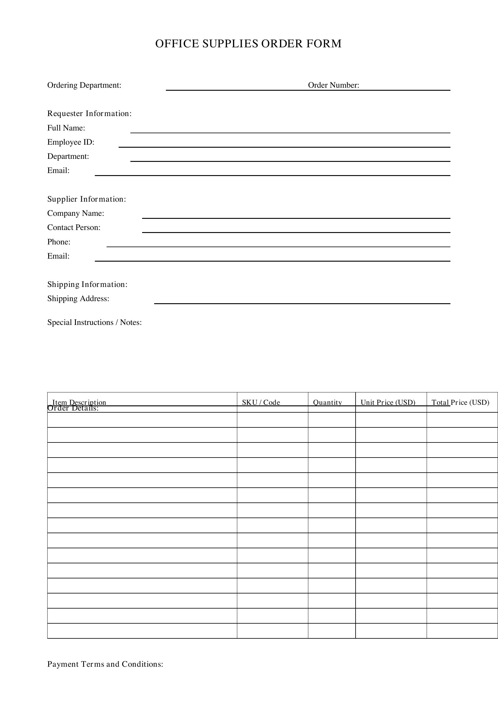 Office Supplies Order Form Template - US