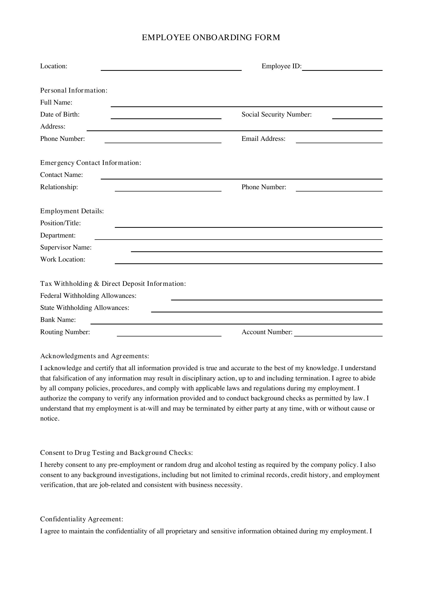 Onboarding Form Template - US