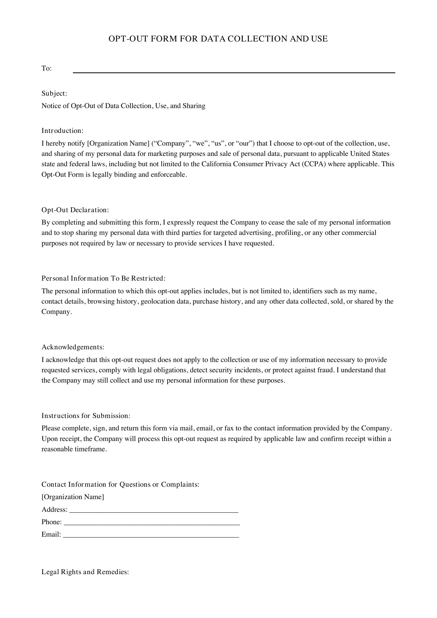 Opt Out Form Template - US