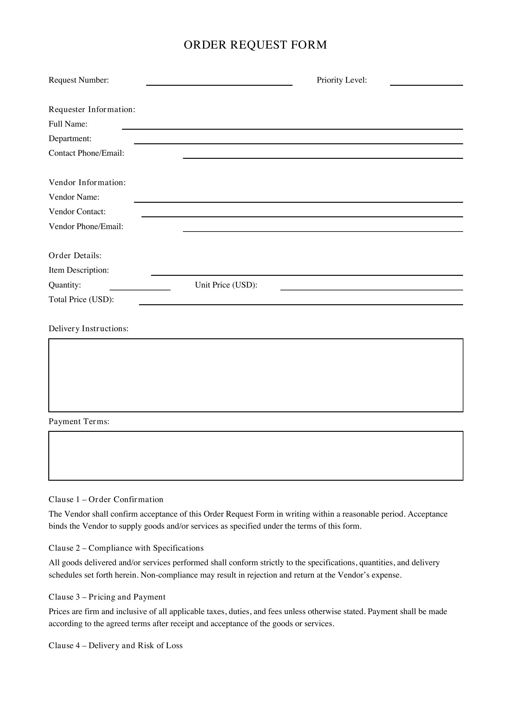 Order Request Form Template - US
