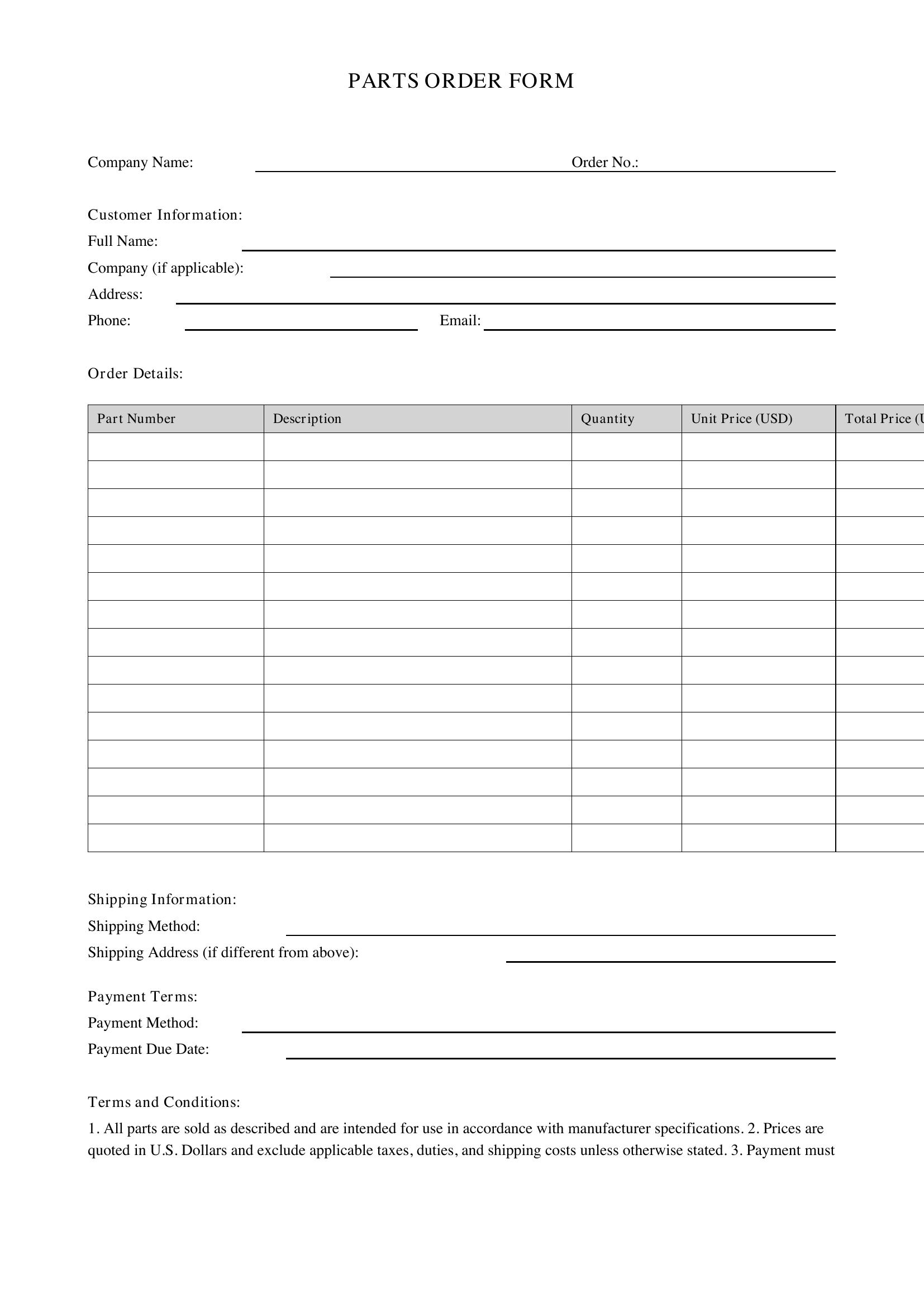 Parts Order Form Template - US