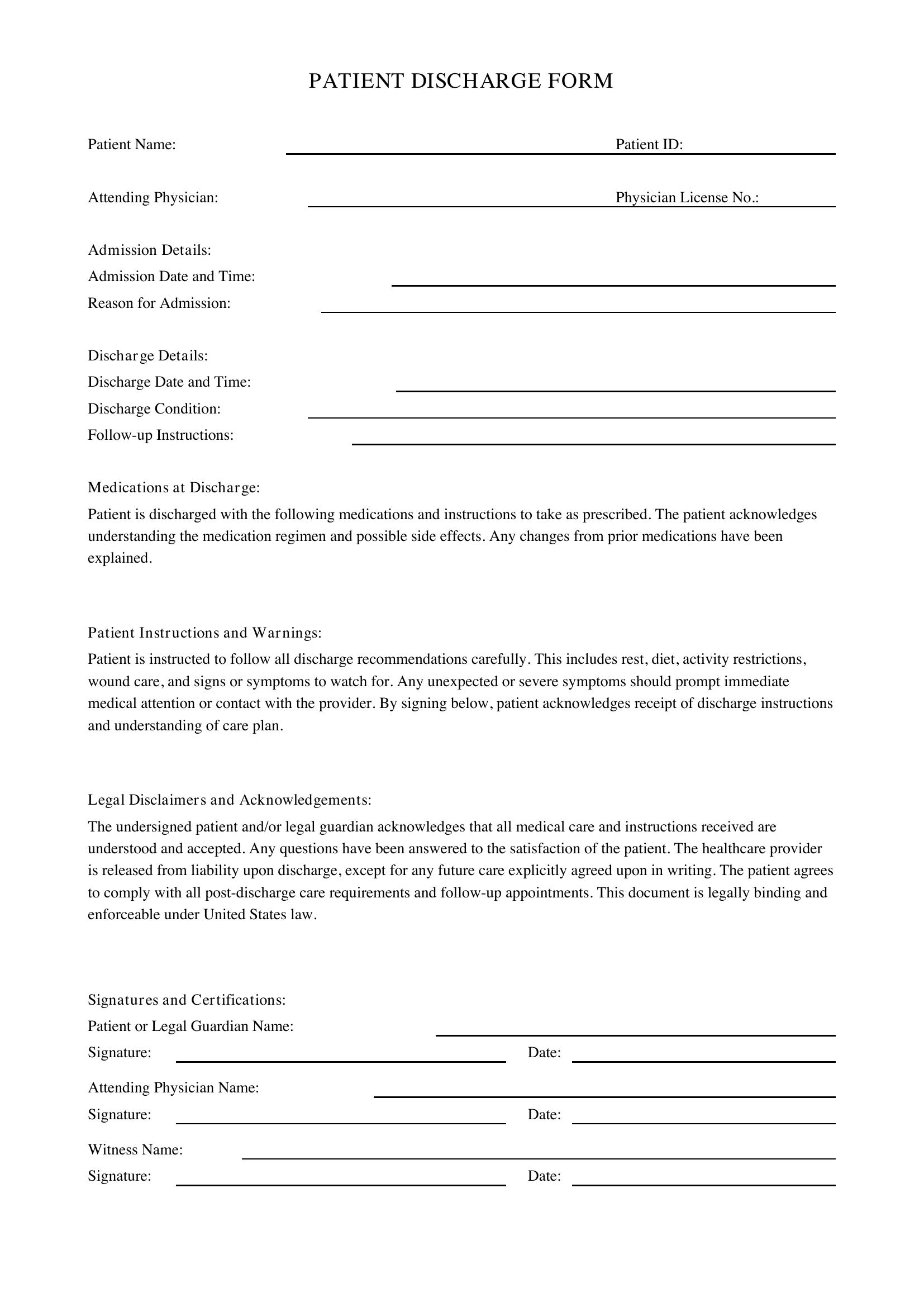 Patient Discharge Form Template - US