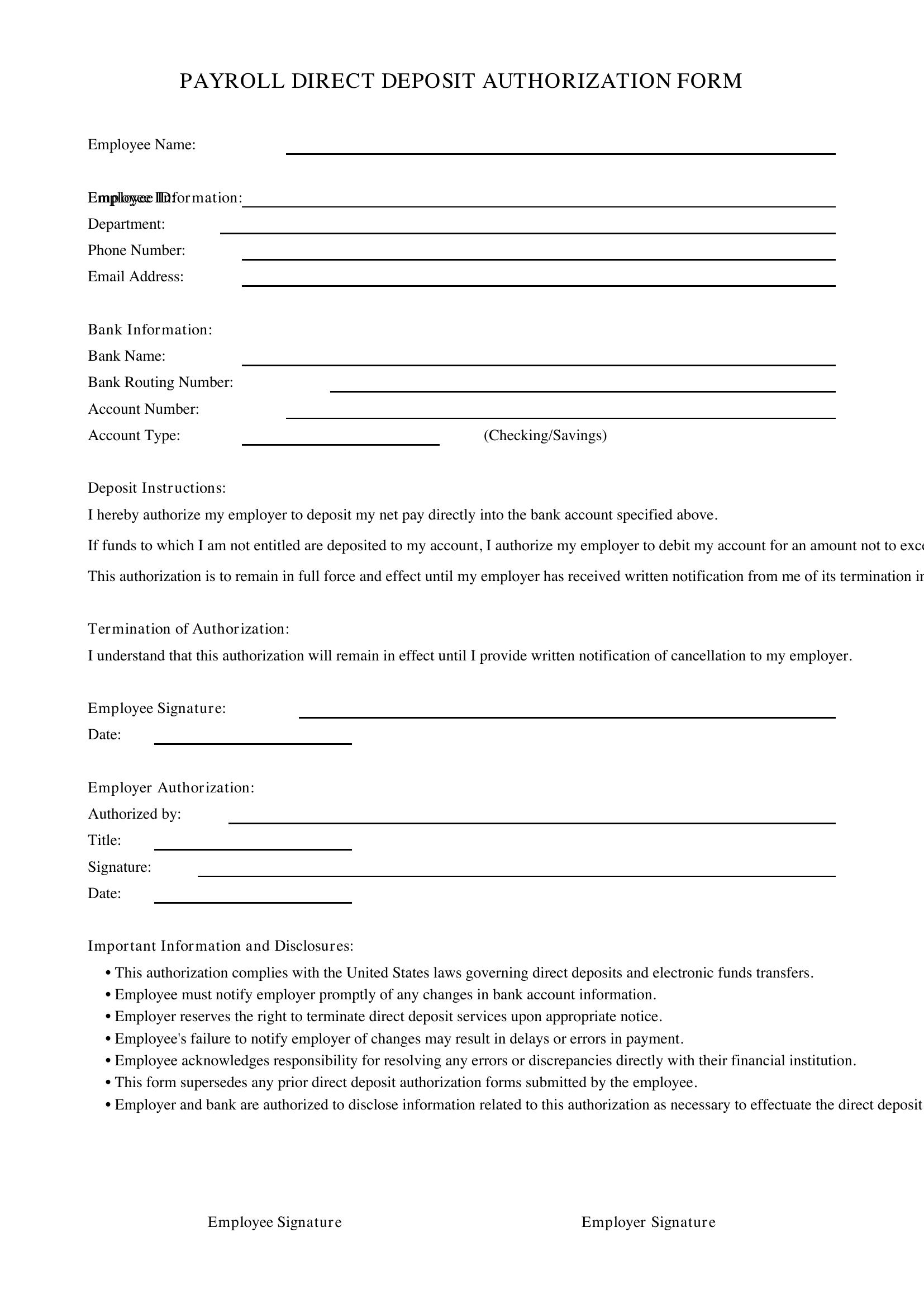 Payroll Direct Deposit Form Template - US