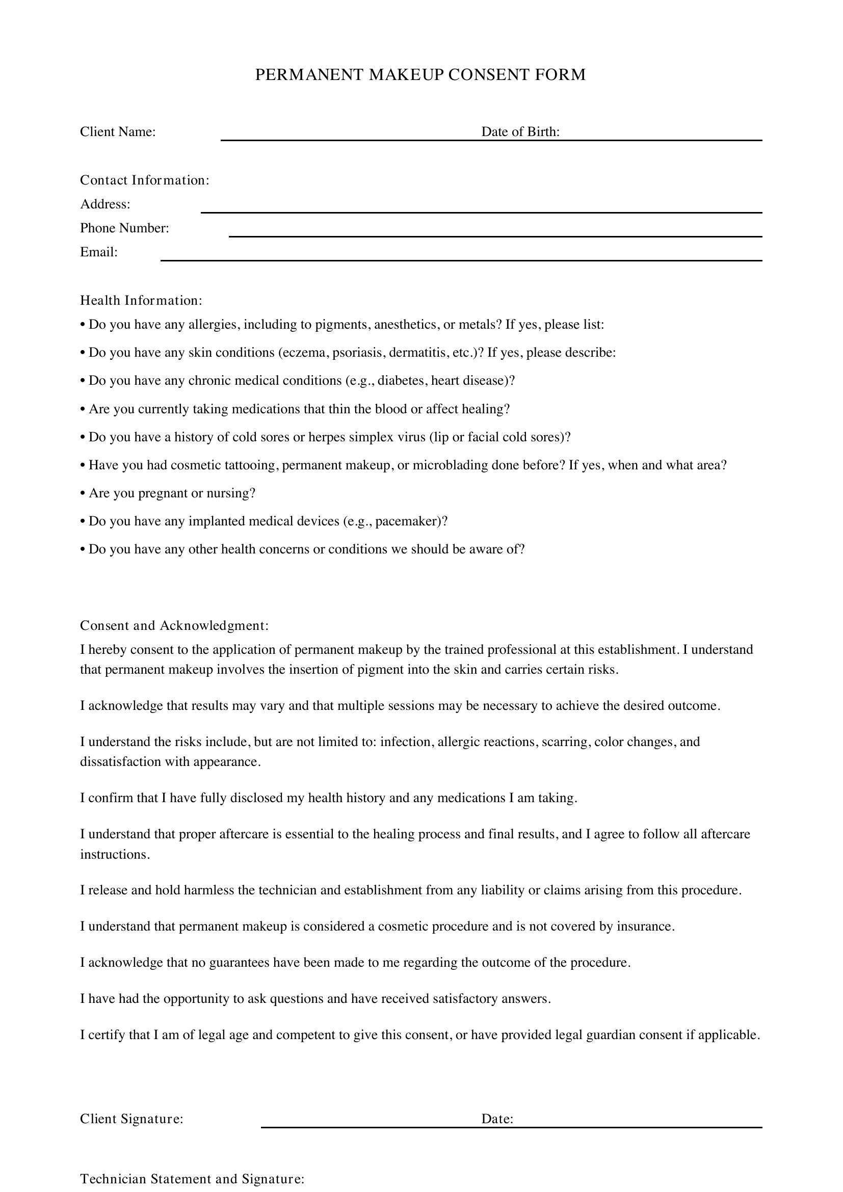 Permanent Makeup Consent Form Template - US