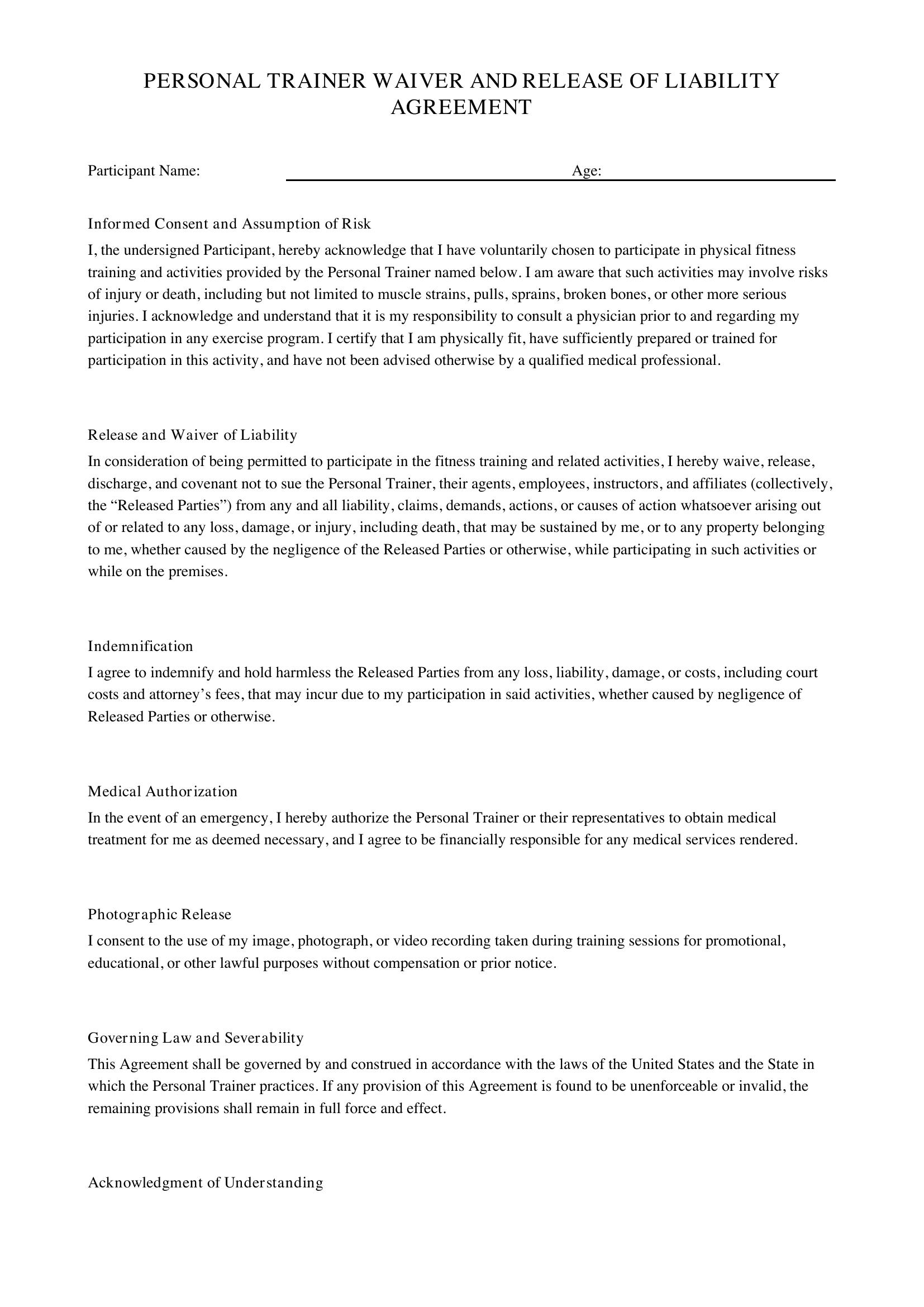 Personal Trainer Waiver Form Template - US