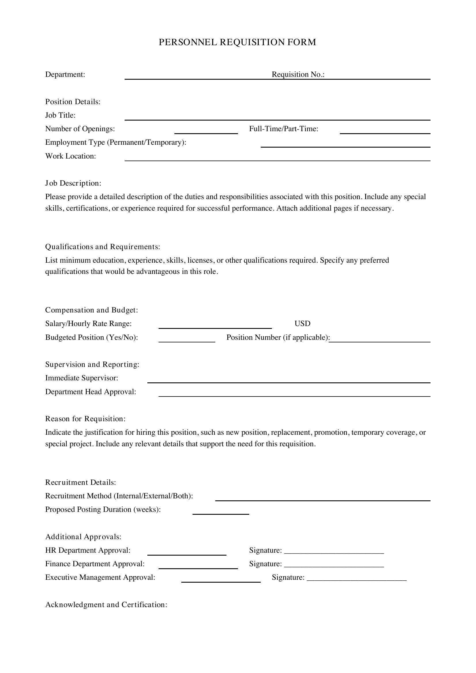 Personnel Requisition Form Template - US