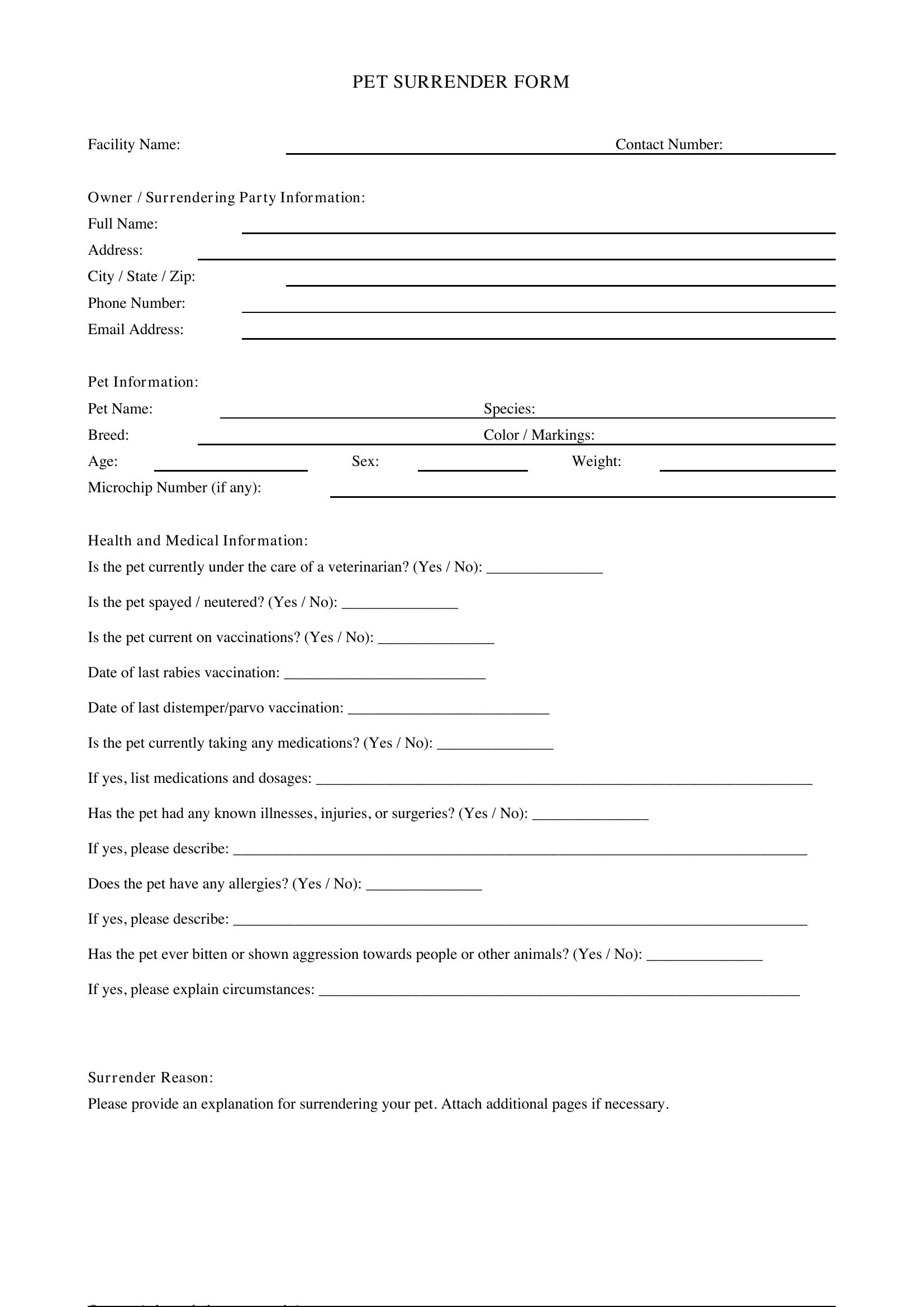 Pet Surrender Form Template - US