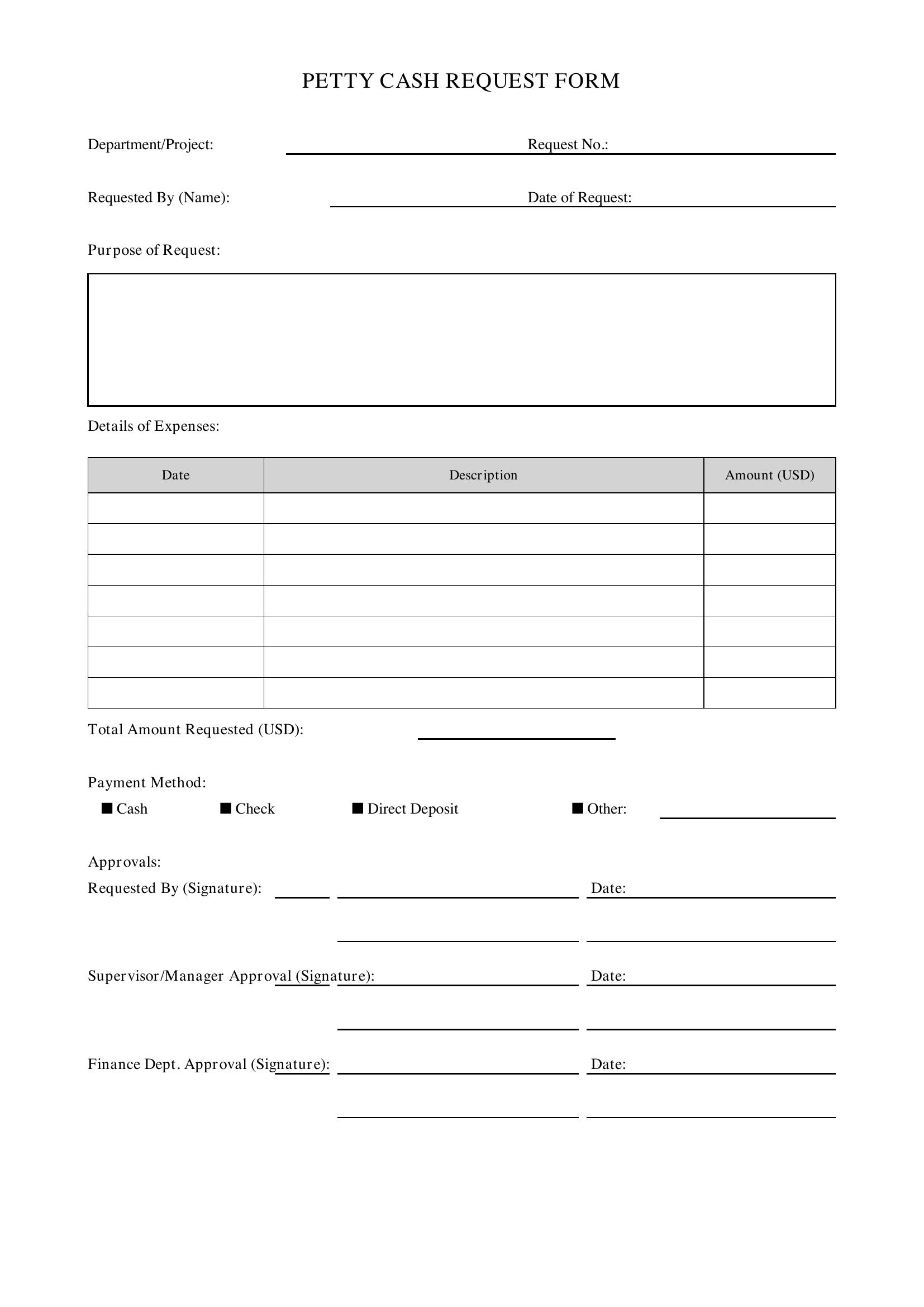 Petty Cash Request Form Template - US