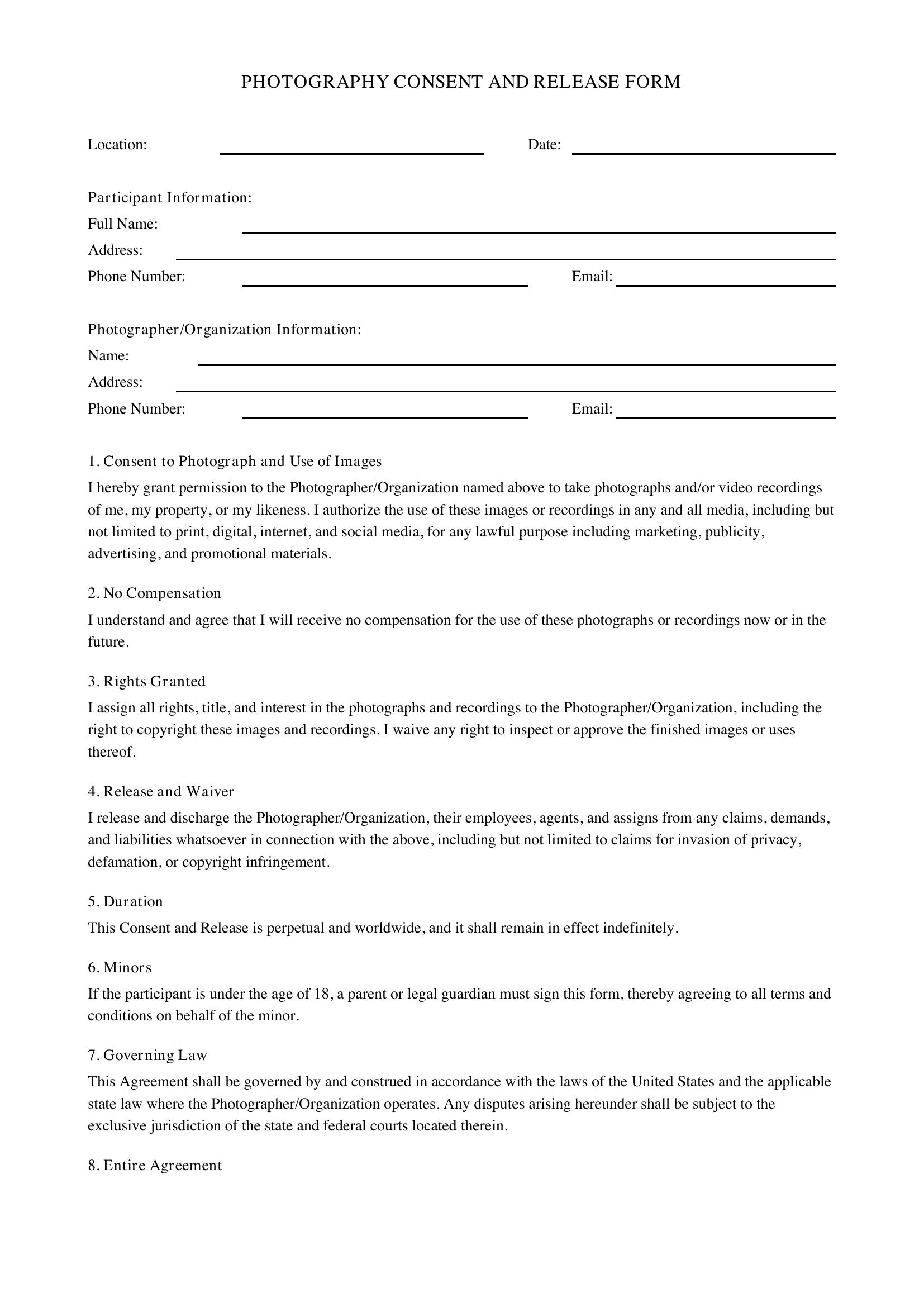 Photography Consent Form Template - US