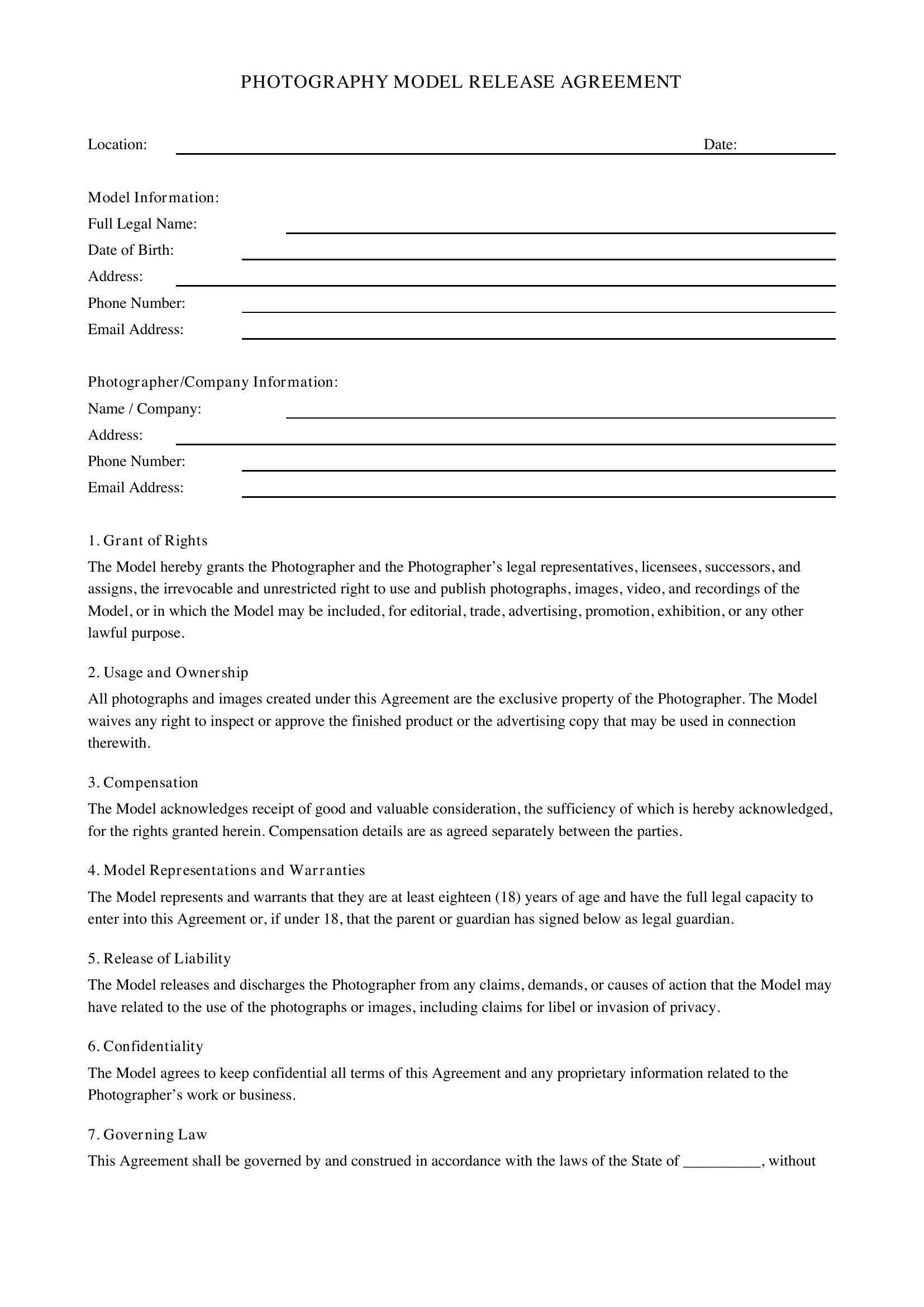 Photography Model Release Form Template - US